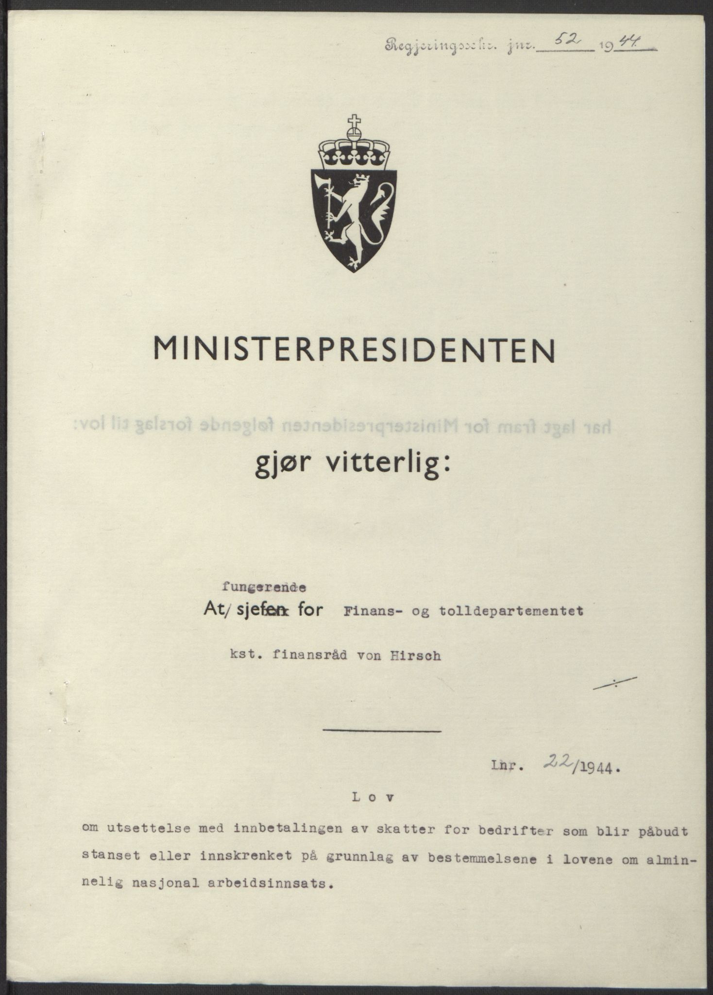 NS-administrasjonen 1940-1945 (Statsrådsekretariatet, de kommisariske statsråder mm), RA/S-4279/D/Db/L0100: Lover, 1944, p. 100