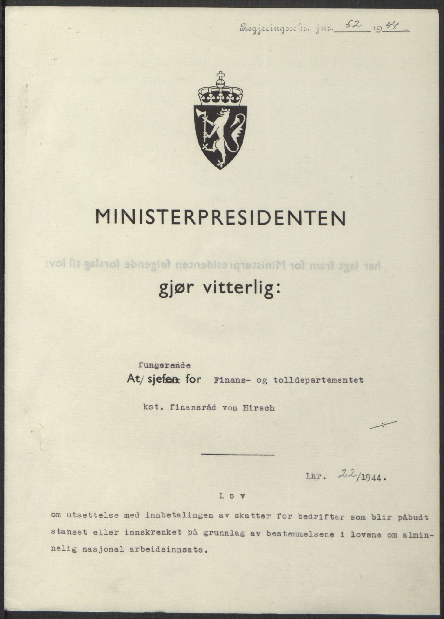 NS-administrasjonen 1940-1945 (Statsrådsekretariatet, de kommisariske statsråder mm), AV/RA-S-4279/D/Db/L0100: Lover, 1944, p. 100