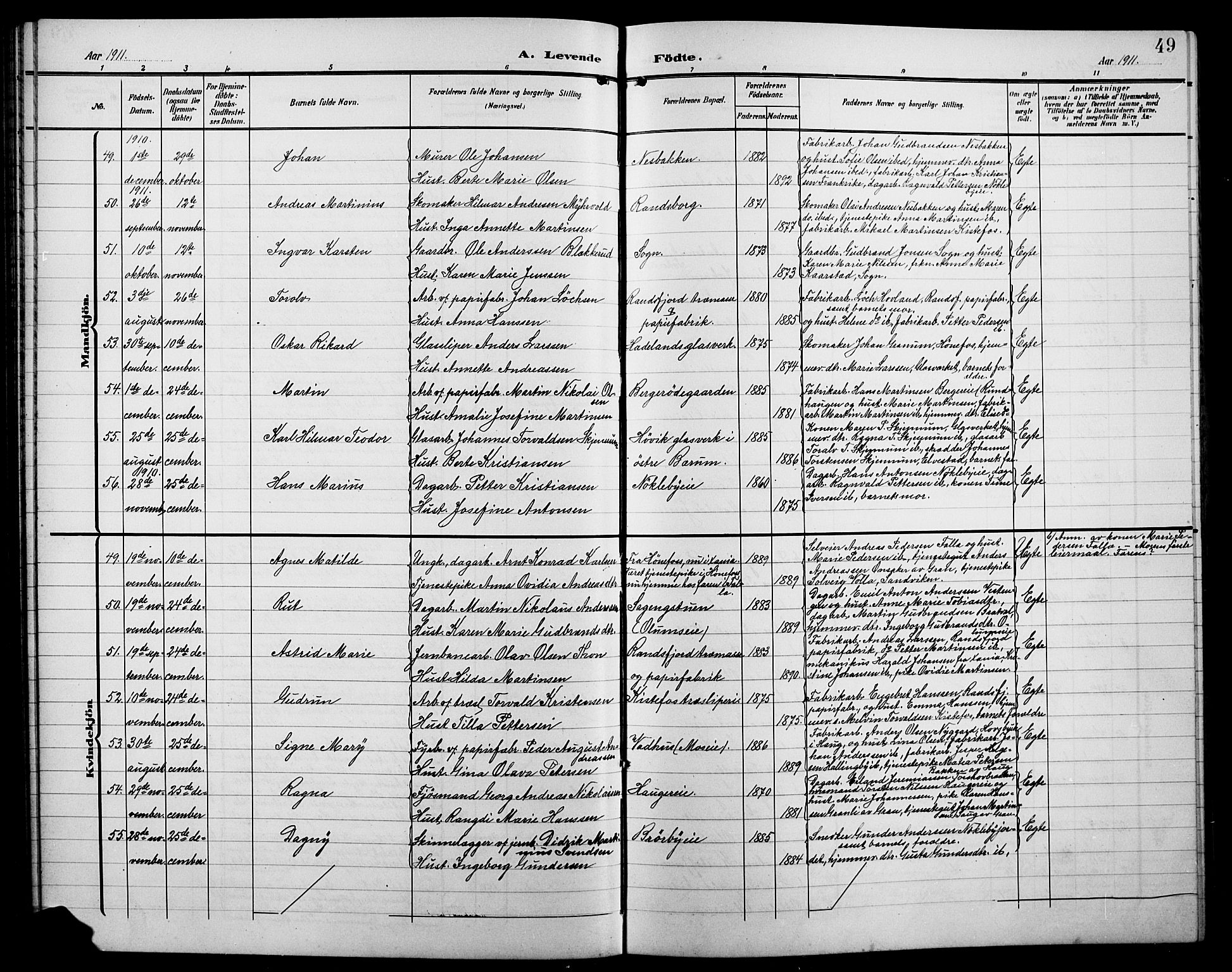 Jevnaker prestekontor, SAH/PREST-116/H/Ha/Hab/L0004: Parish register (copy) no. 4, 1907-1918, p. 49