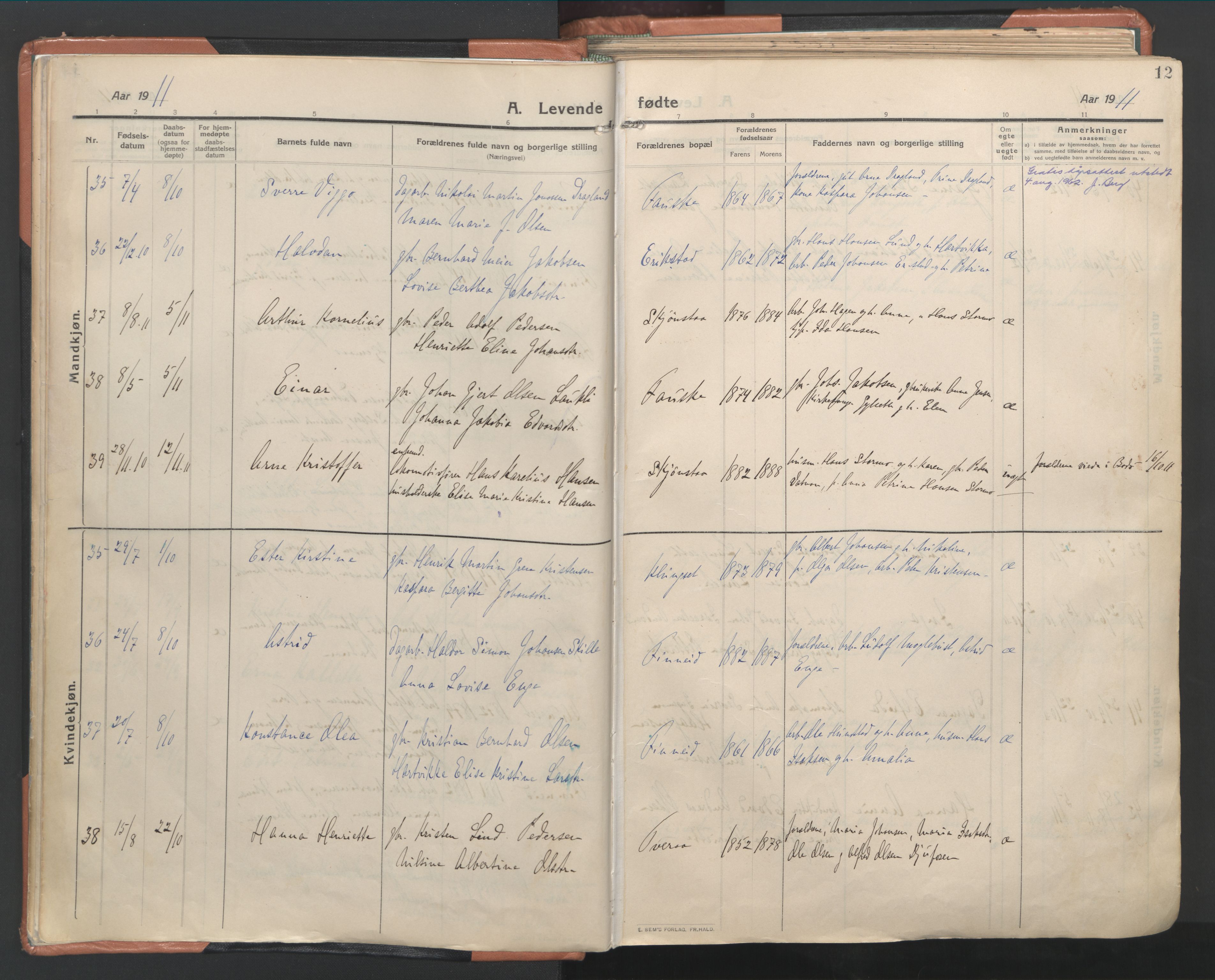 Ministerialprotokoller, klokkerbøker og fødselsregistre - Nordland, AV/SAT-A-1459/849/L0698: Parish register (official) no. 849A09, 1911-1924, p. 12