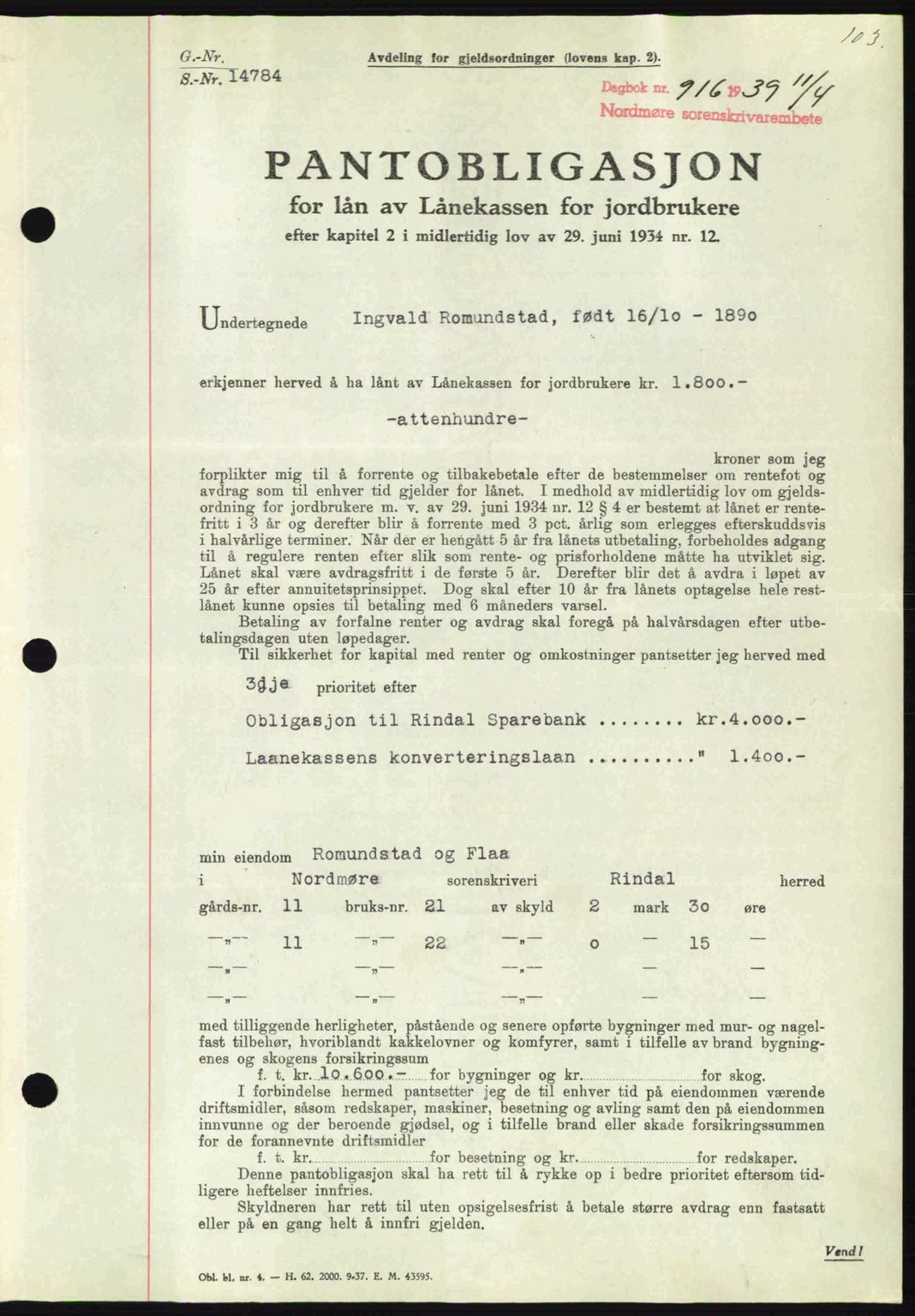 Nordmøre sorenskriveri, AV/SAT-A-4132/1/2/2Ca: Mortgage book no. B85, 1939-1939, Diary no: : 915/1939