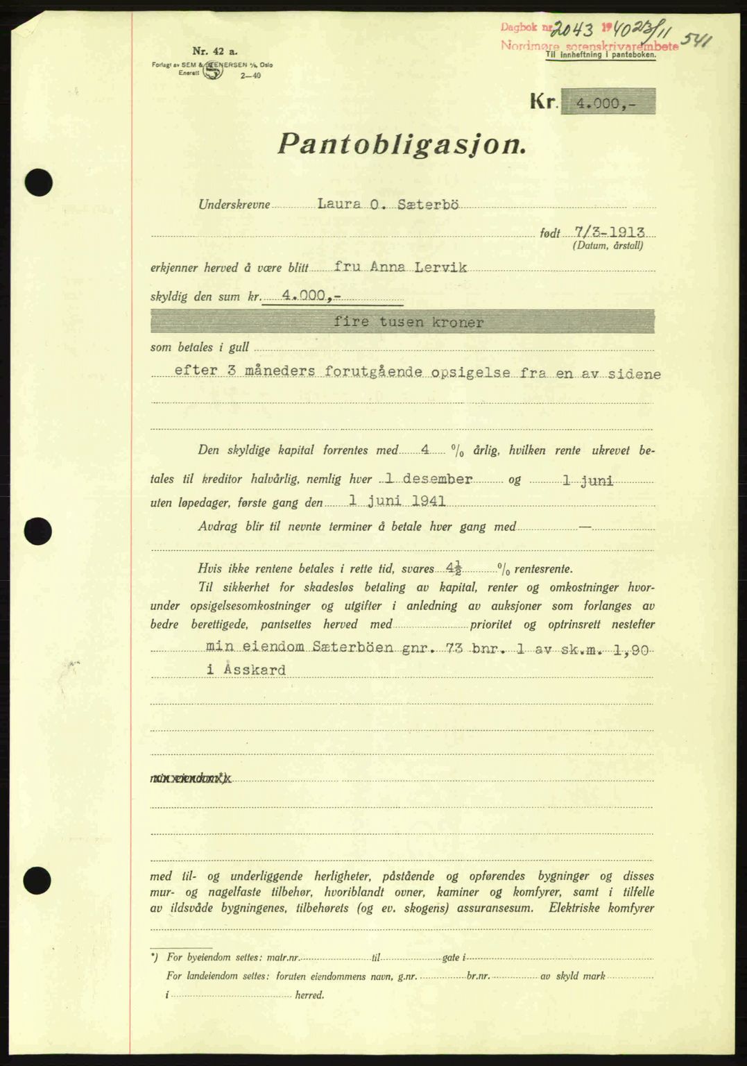 Nordmøre sorenskriveri, AV/SAT-A-4132/1/2/2Ca: Mortgage book no. B87, 1940-1941, Diary no: : 2043/1940