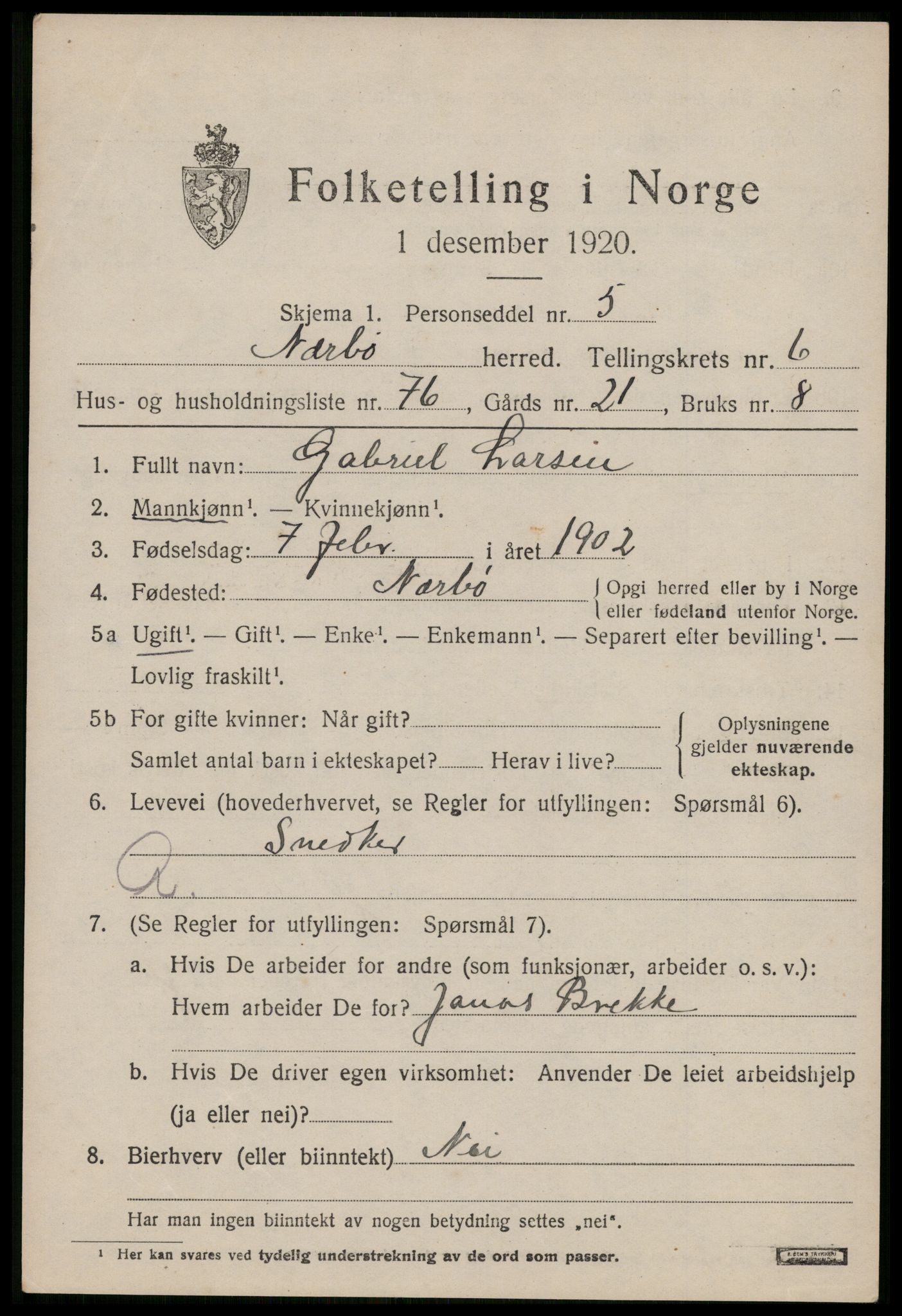 SAST, 1920 census for Nærbø, 1920, p. 4503