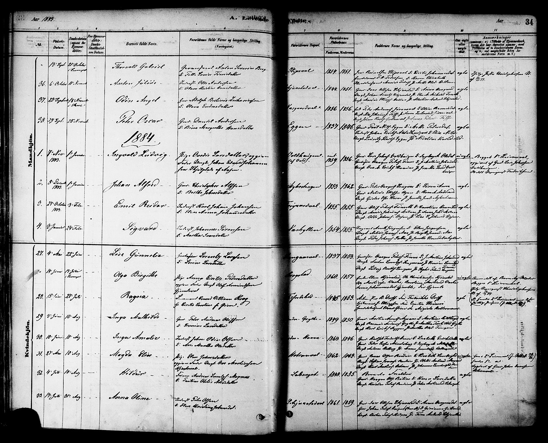 Ministerialprotokoller, klokkerbøker og fødselsregistre - Nord-Trøndelag, SAT/A-1458/717/L0159: Parish register (official) no. 717A09, 1878-1898, p. 34