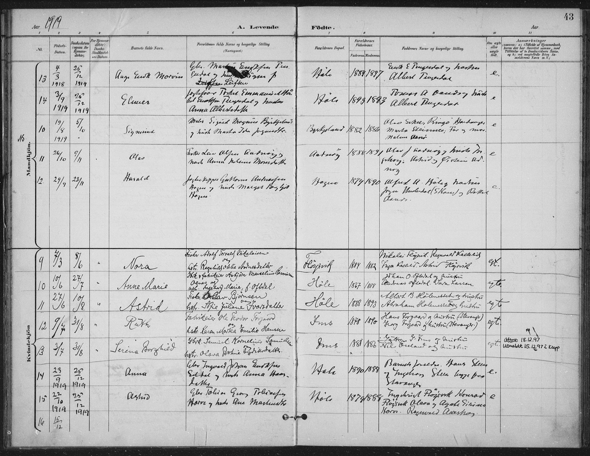 Høgsfjord sokneprestkontor, SAST/A-101624/H/Ha/Haa/L0008: Parish register (official) no. A 8, 1898-1920, p. 43