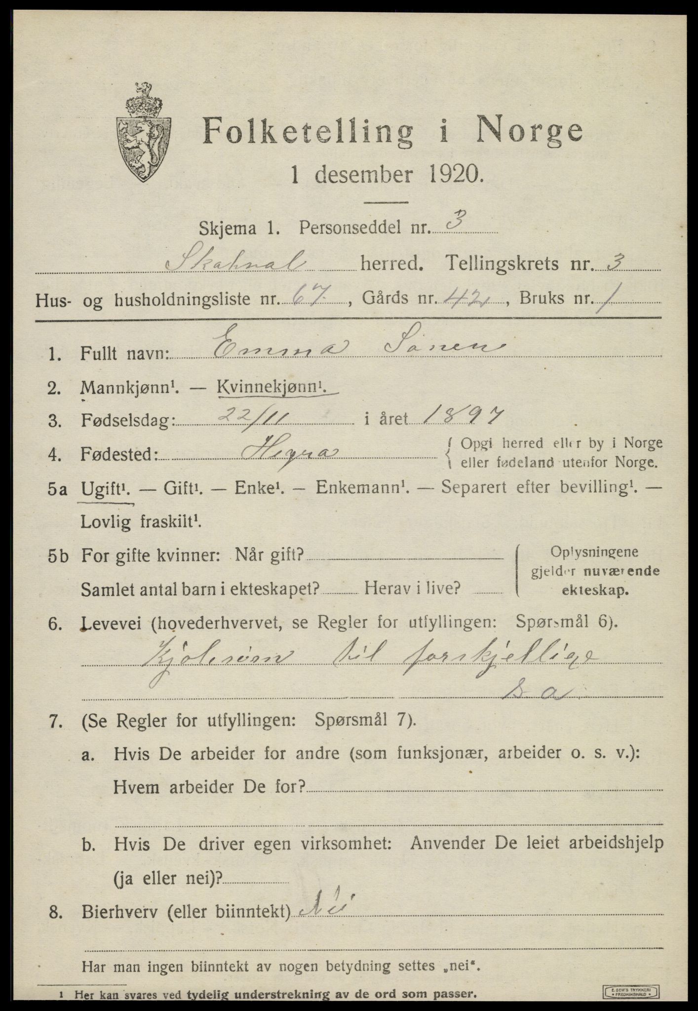 SAT, 1920 census for Skatval, 1920, p. 2233