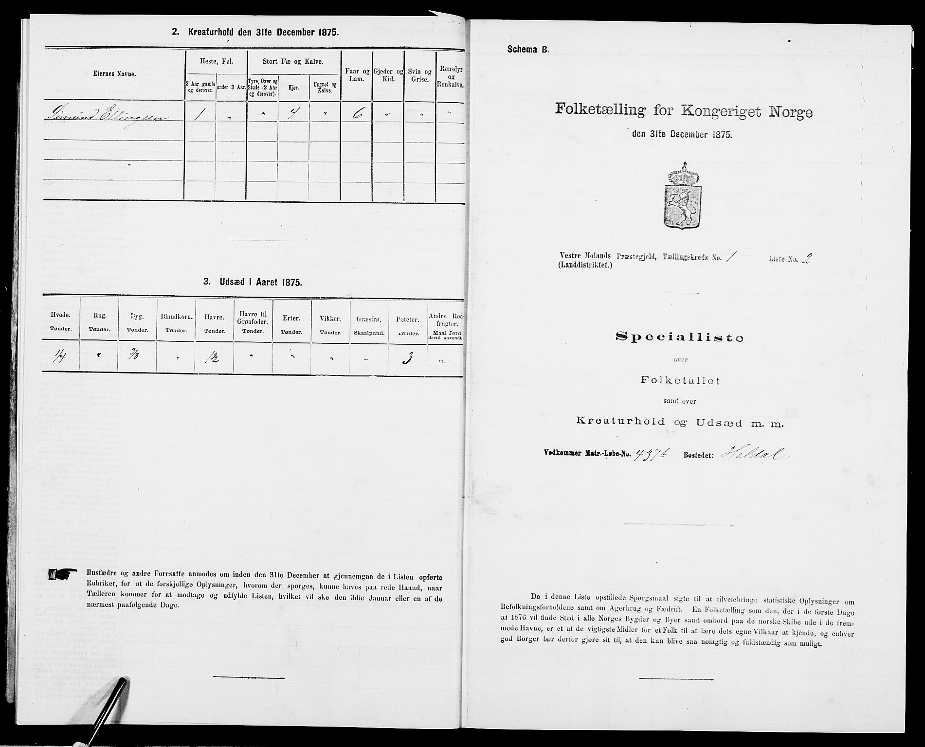 SAK, 1875 census for 0926L Vestre Moland/Vestre Moland, 1875, p. 45