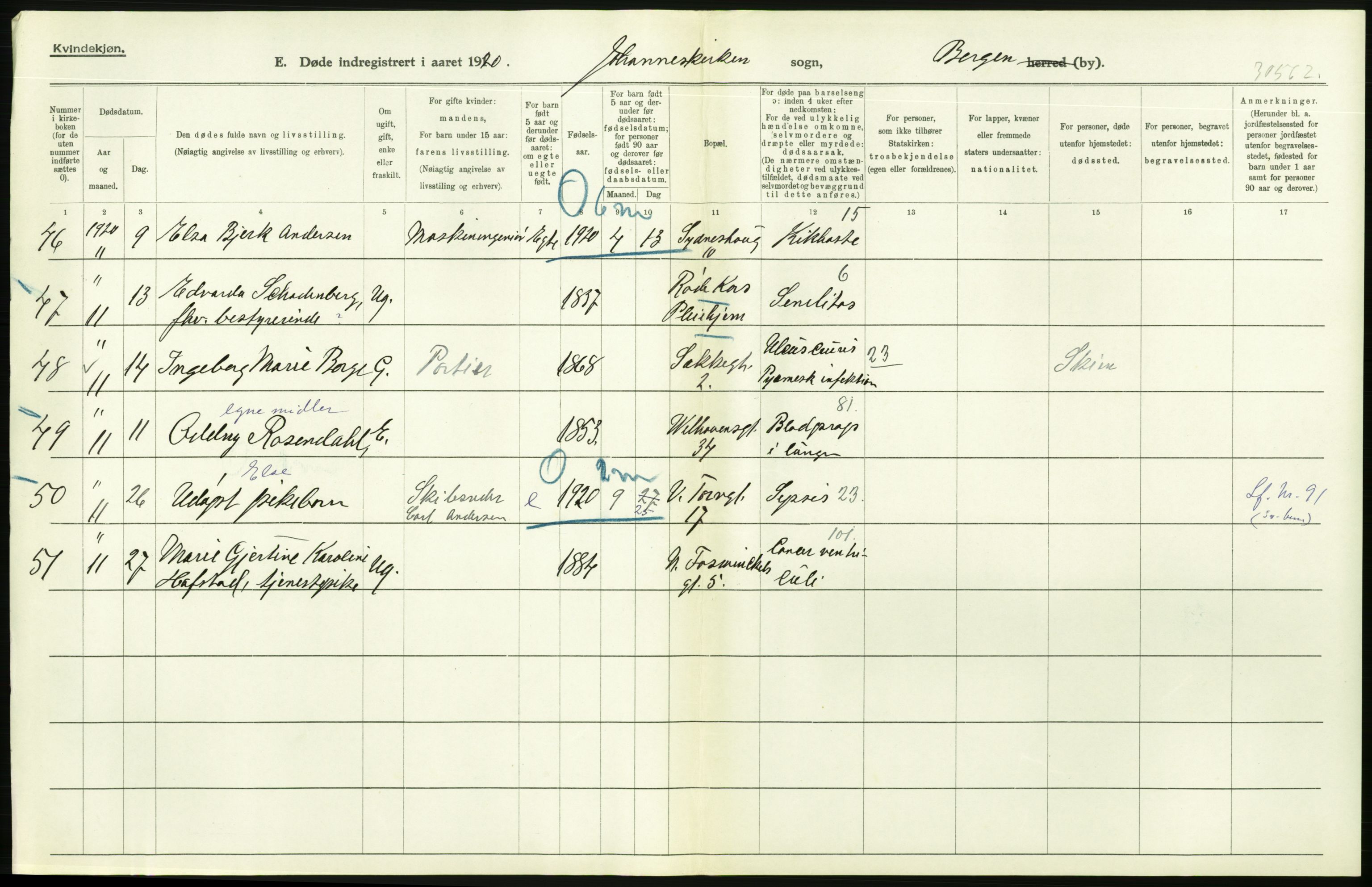 Statistisk sentralbyrå, Sosiodemografiske emner, Befolkning, AV/RA-S-2228/D/Df/Dfb/Dfbj/L0042: Bergen: Gifte, døde, dødfødte., 1920, p. 594