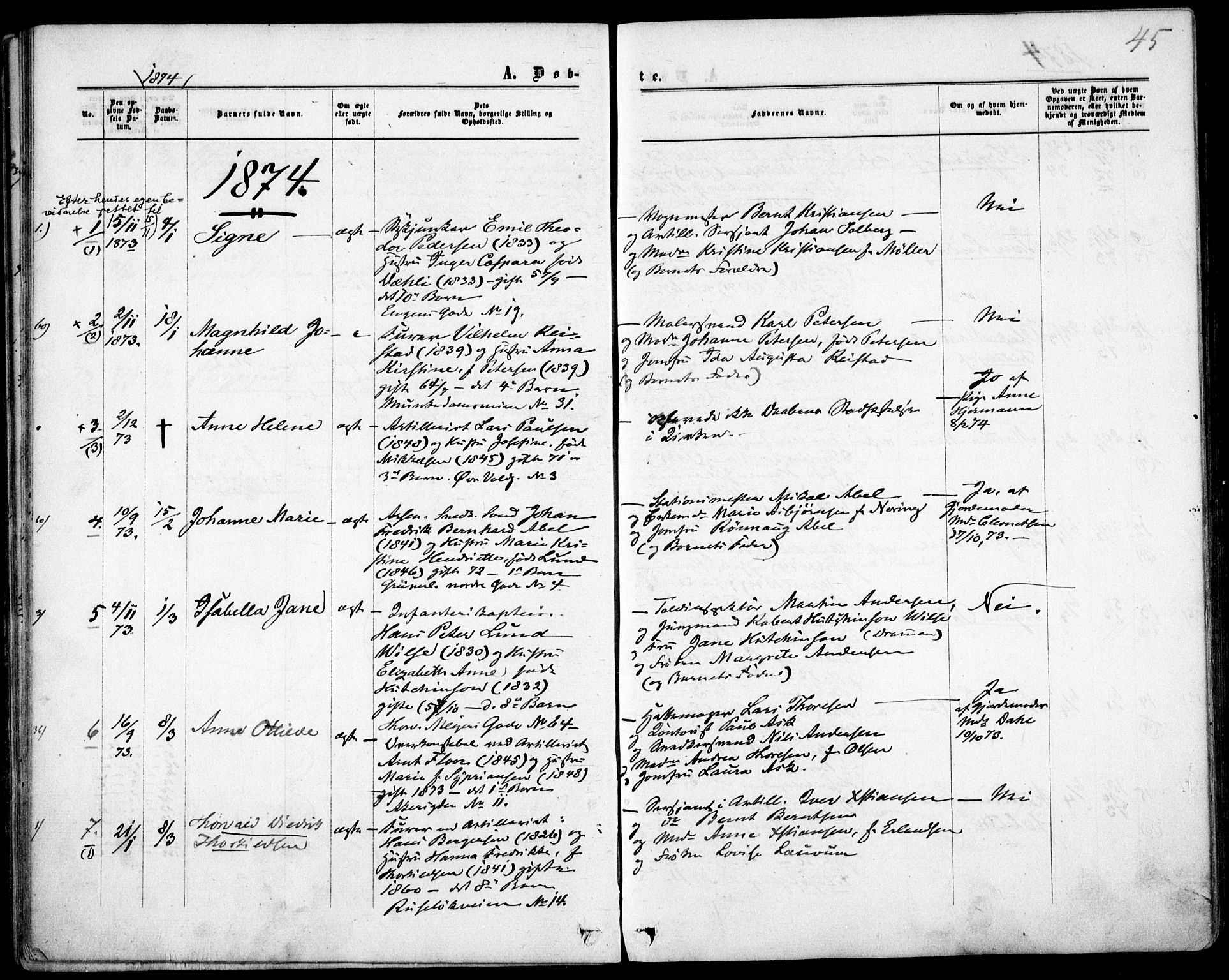 Garnisonsmenigheten Kirkebøker, AV/SAO-A-10846/F/Fa/L0011: Parish register (official) no. 11, 1870-1880, p. 45