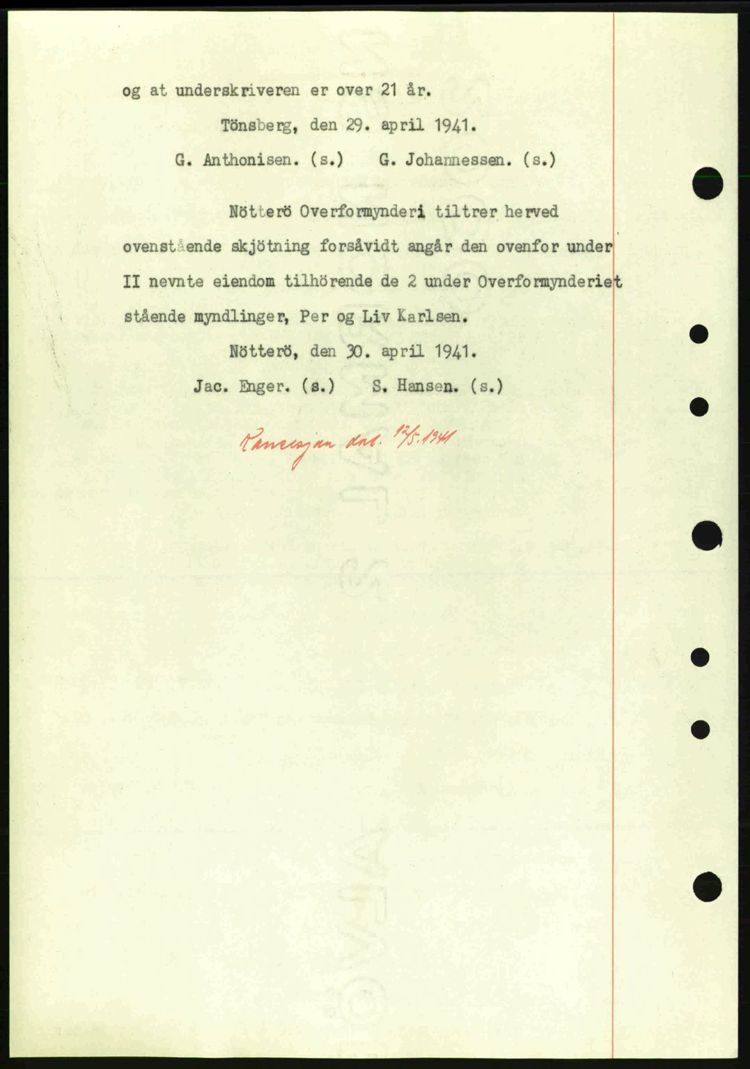 Tønsberg sorenskriveri, AV/SAKO-A-130/G/Ga/Gaa/L0010: Mortgage book no. A10, 1941-1941, Diary no: : 1221/1941