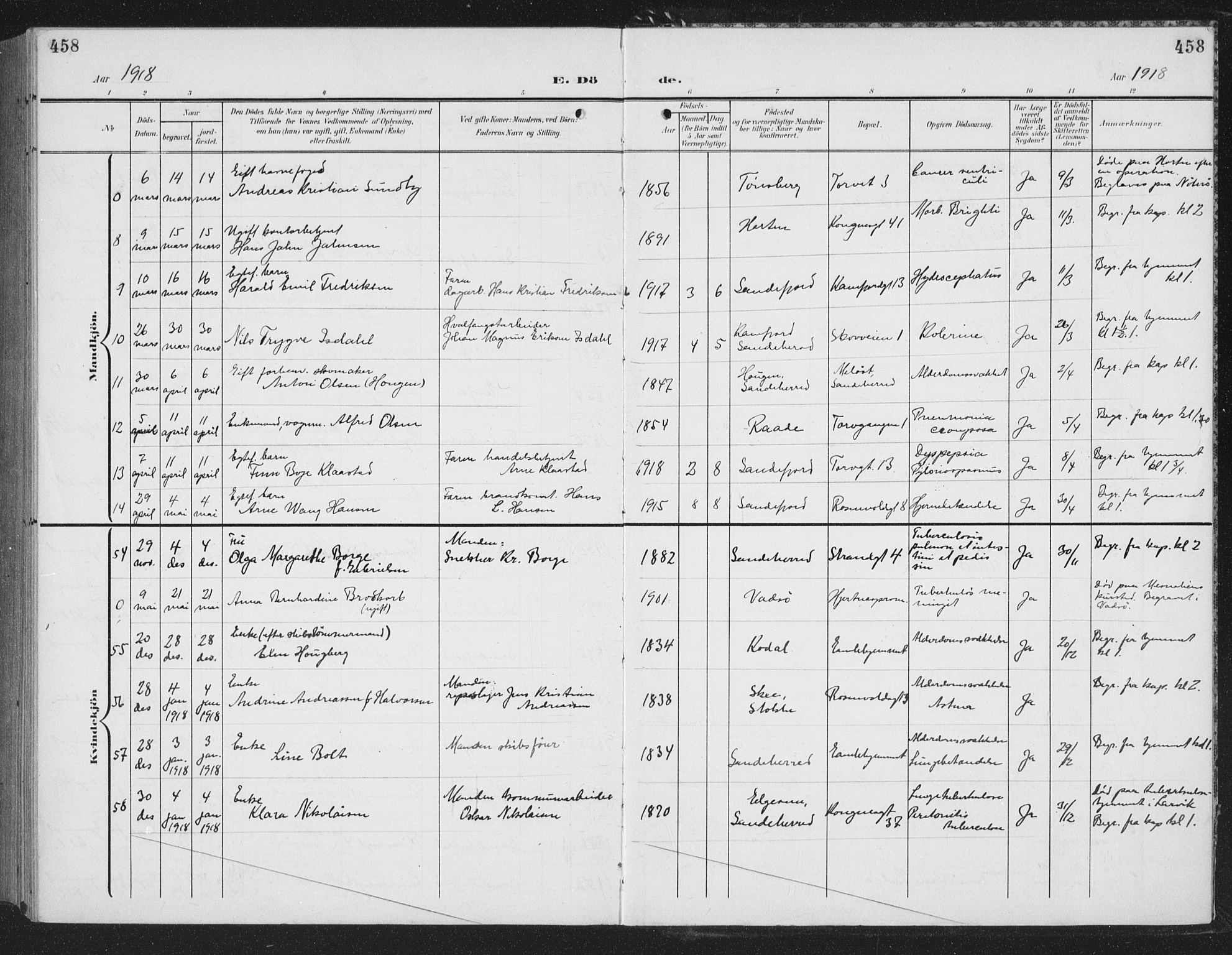 Sandefjord kirkebøker, AV/SAKO-A-315/G/Ga/L0003: Parish register (copy) no. 3, 1903-1920, p. 458