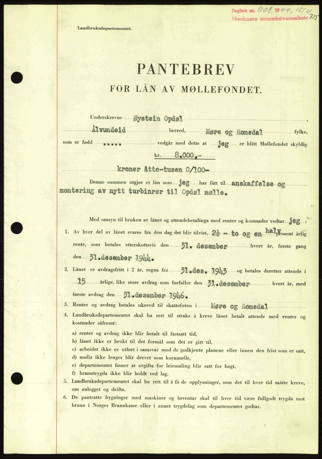 Nordmøre sorenskriveri, AV/SAT-A-4132/1/2/2Ca: Mortgage book no. B91, 1943-1944, Diary no: : 608/1944