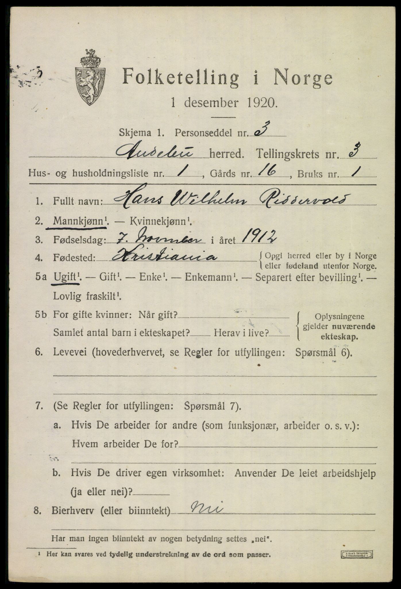 SAKO, 1920 census for Andebu, 1920, p. 1842