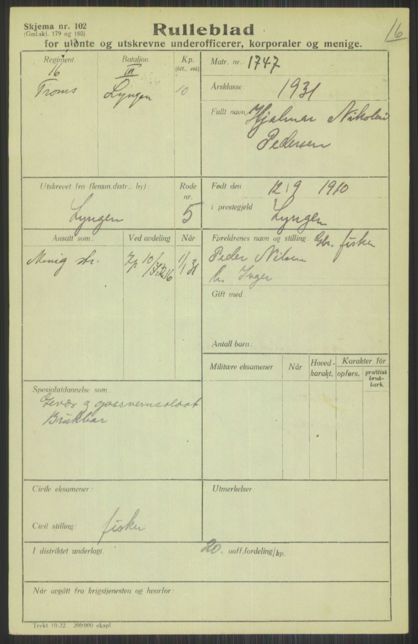 Forsvaret, Troms infanteriregiment nr. 16, AV/RA-RAFA-3146/P/Pa/L0015: Rulleblad for regimentets menige mannskaper, årsklasse 1931, 1931, p. 961