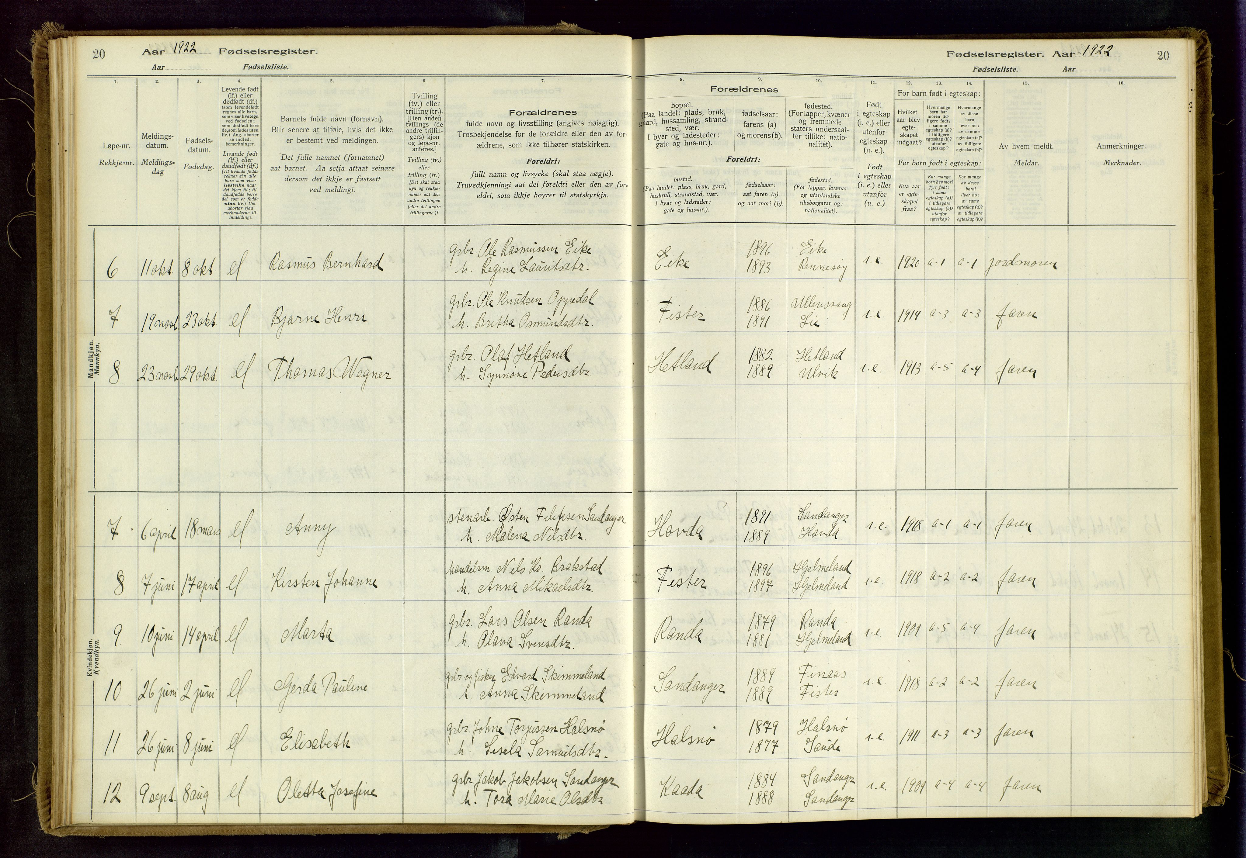 Hjelmeland sokneprestkontor, SAST/A-101843/02/B/L0003: Birth register no. 3, 1916-1997, p. 20