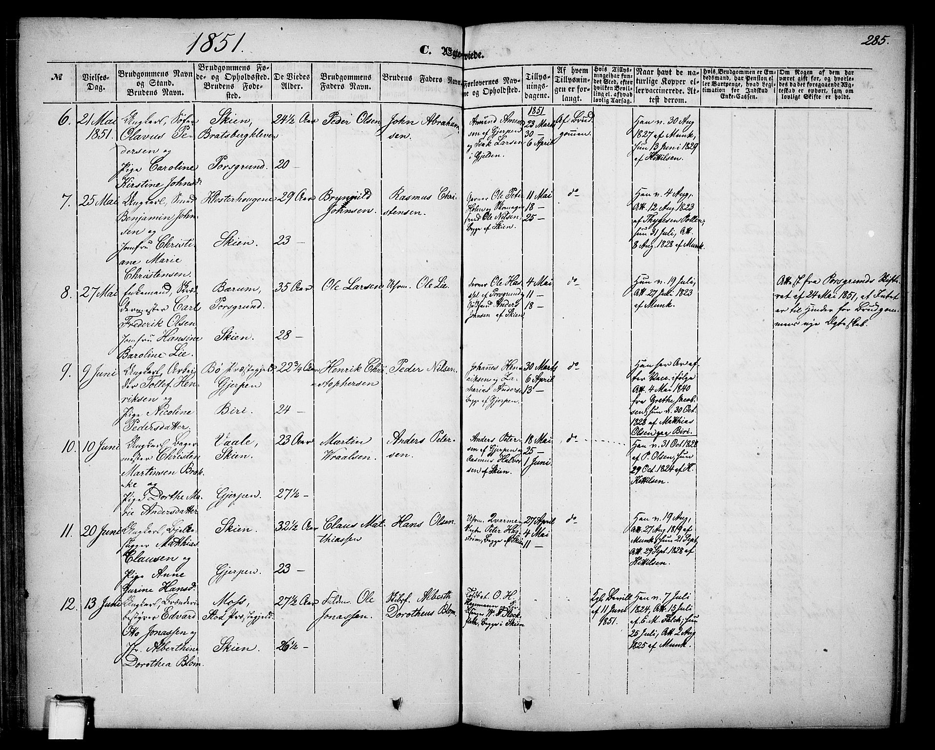 Skien kirkebøker, SAKO/A-302/G/Ga/L0004: Parish register (copy) no. 4, 1843-1867, p. 285