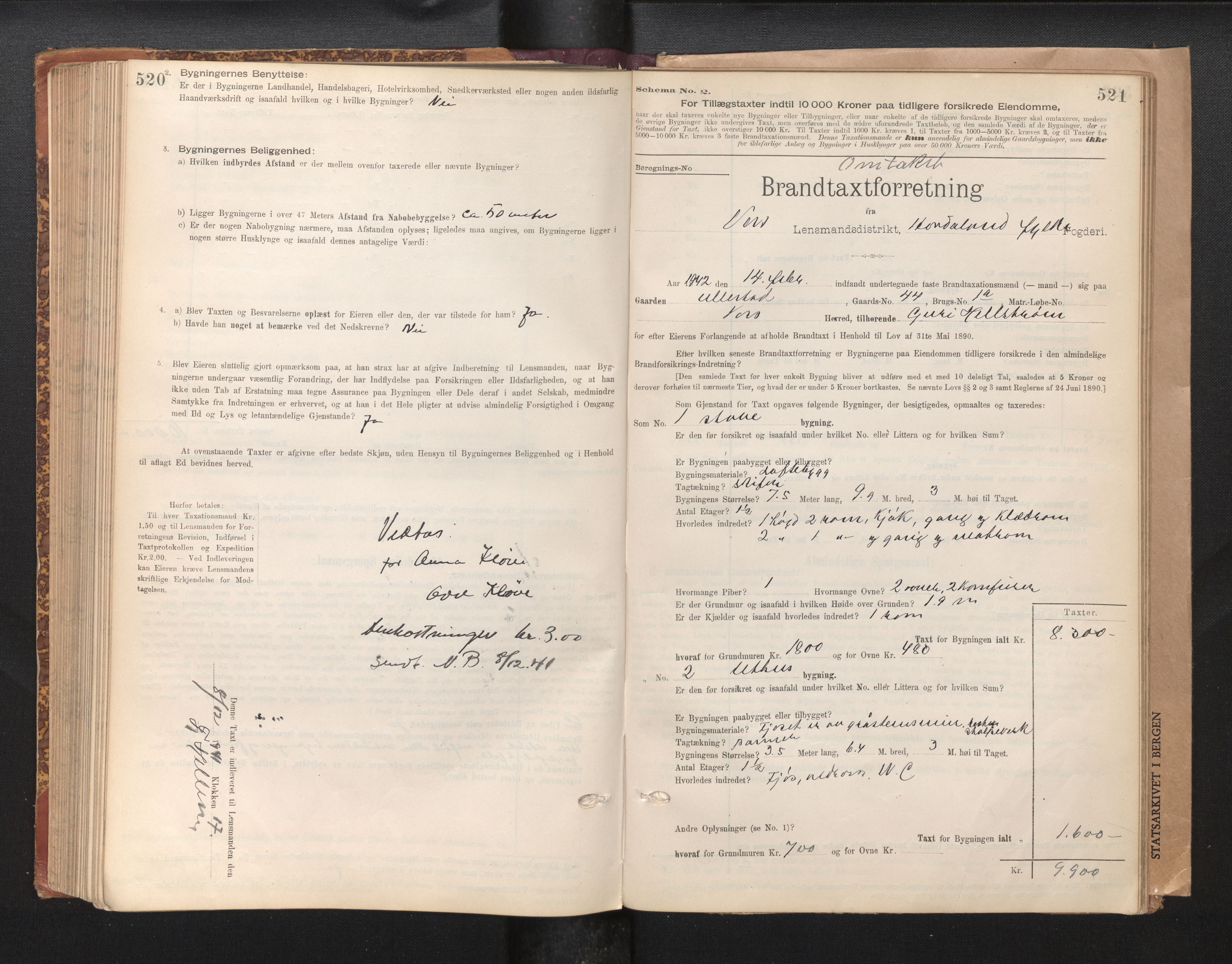 Lensmannen i Voss, SAB/A-35801/0012/L0008: Branntakstprotokoll, skjematakst, 1895-1945, p. 520-521