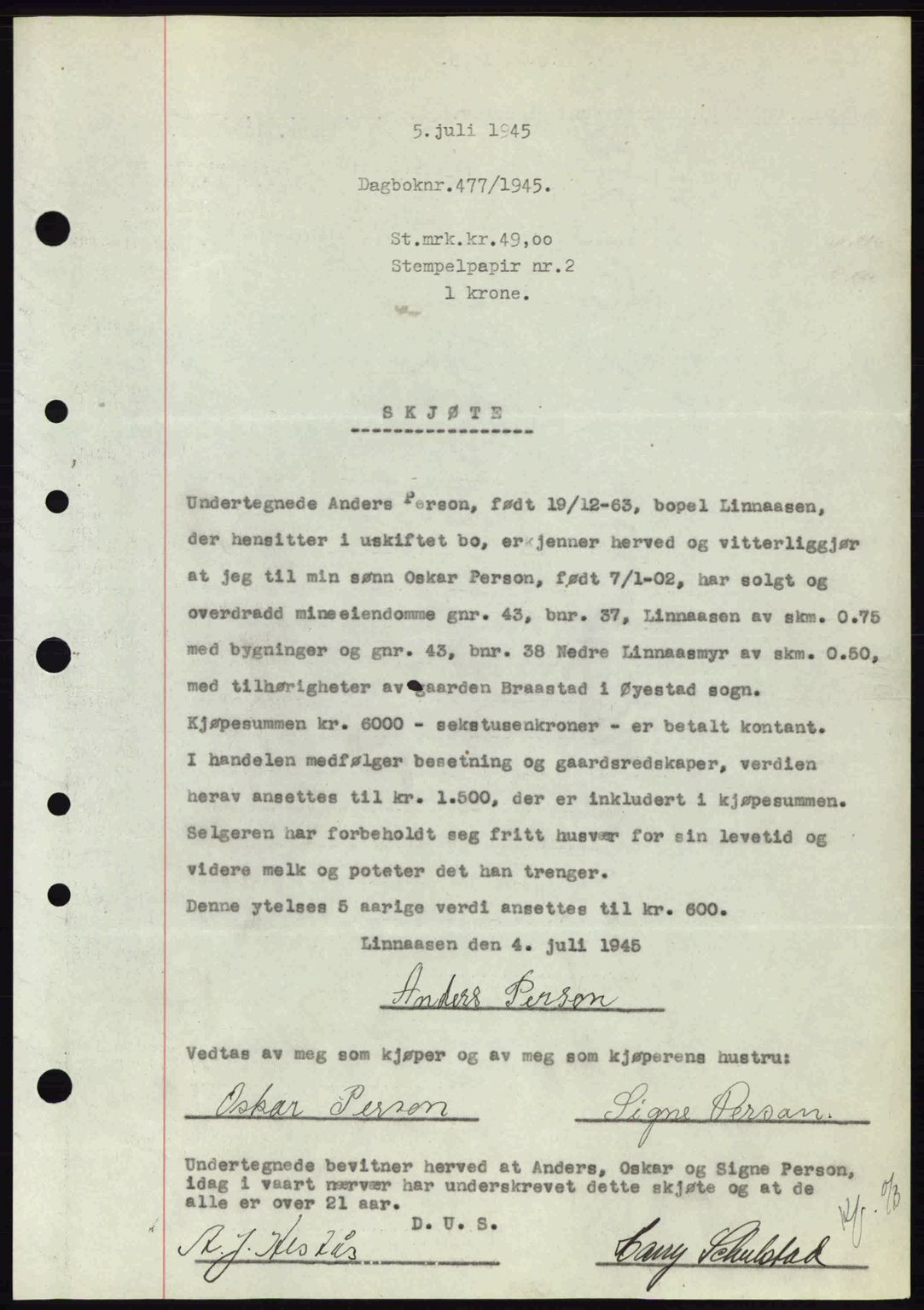Nedenes sorenskriveri, SAK/1221-0006/G/Gb/Gba/L0052: Mortgage book no. A6a, 1944-1945, Diary no: : 477/1945