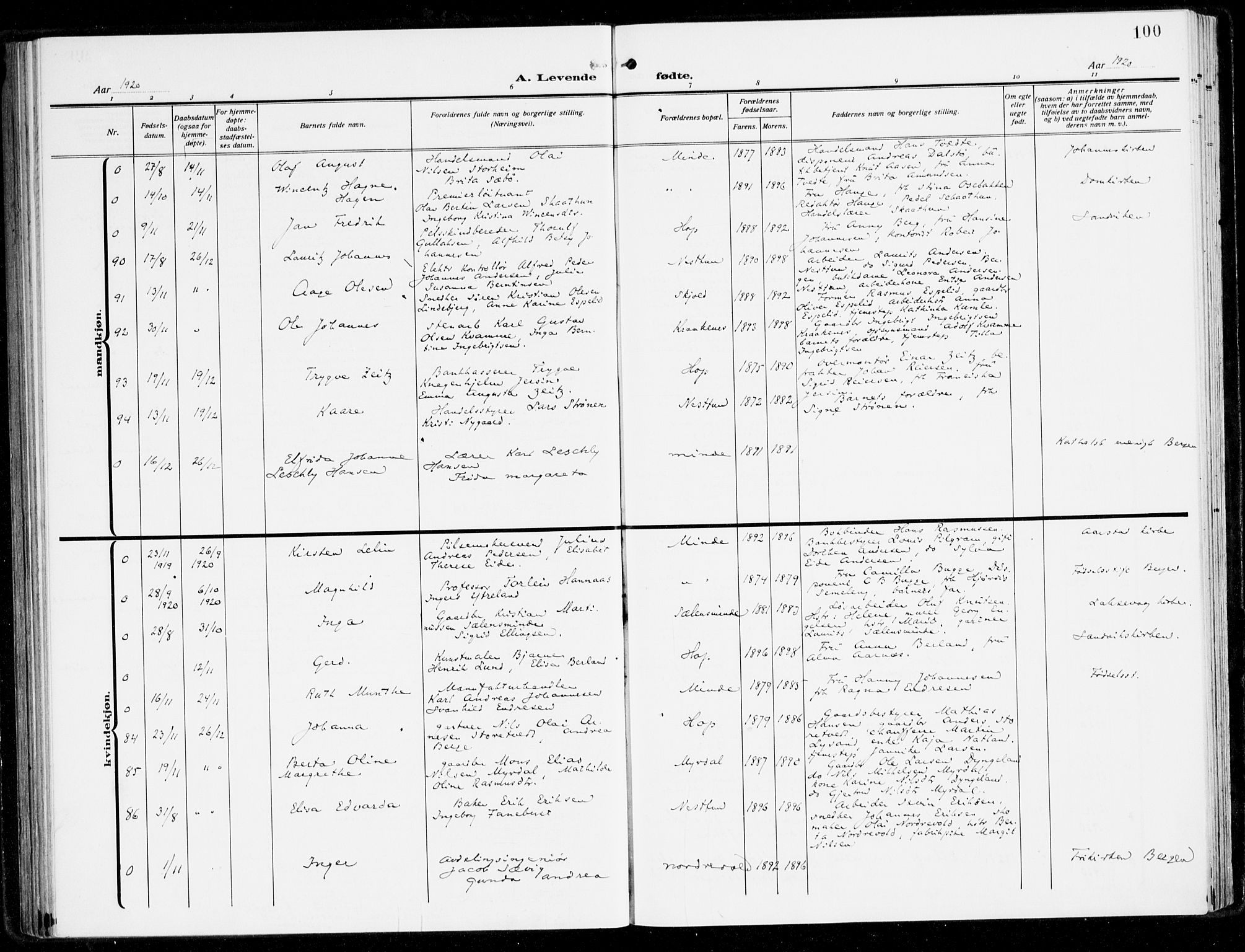 Fana Sokneprestembete, AV/SAB-A-75101/H/Haa/Haai/L0004: Parish register (official) no. I 4, 1912-1933, p. 100