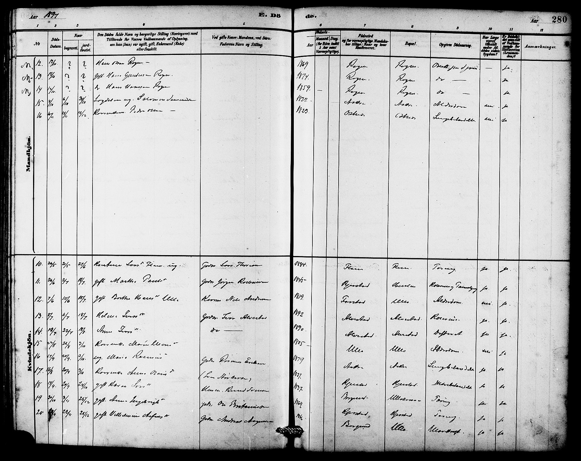 Ministerialprotokoller, klokkerbøker og fødselsregistre - Møre og Romsdal, SAT/A-1454/536/L0510: Parish register (copy) no. 536C05, 1881-1898, p. 280