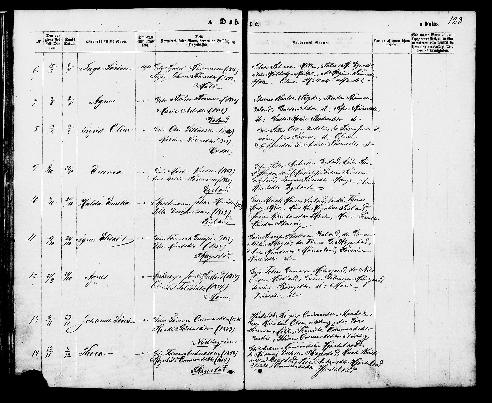 Holum sokneprestkontor, SAK/1111-0022/F/Fb/Fba/L0004: Parish register (copy) no. B 4, 1867-1890, p. 123