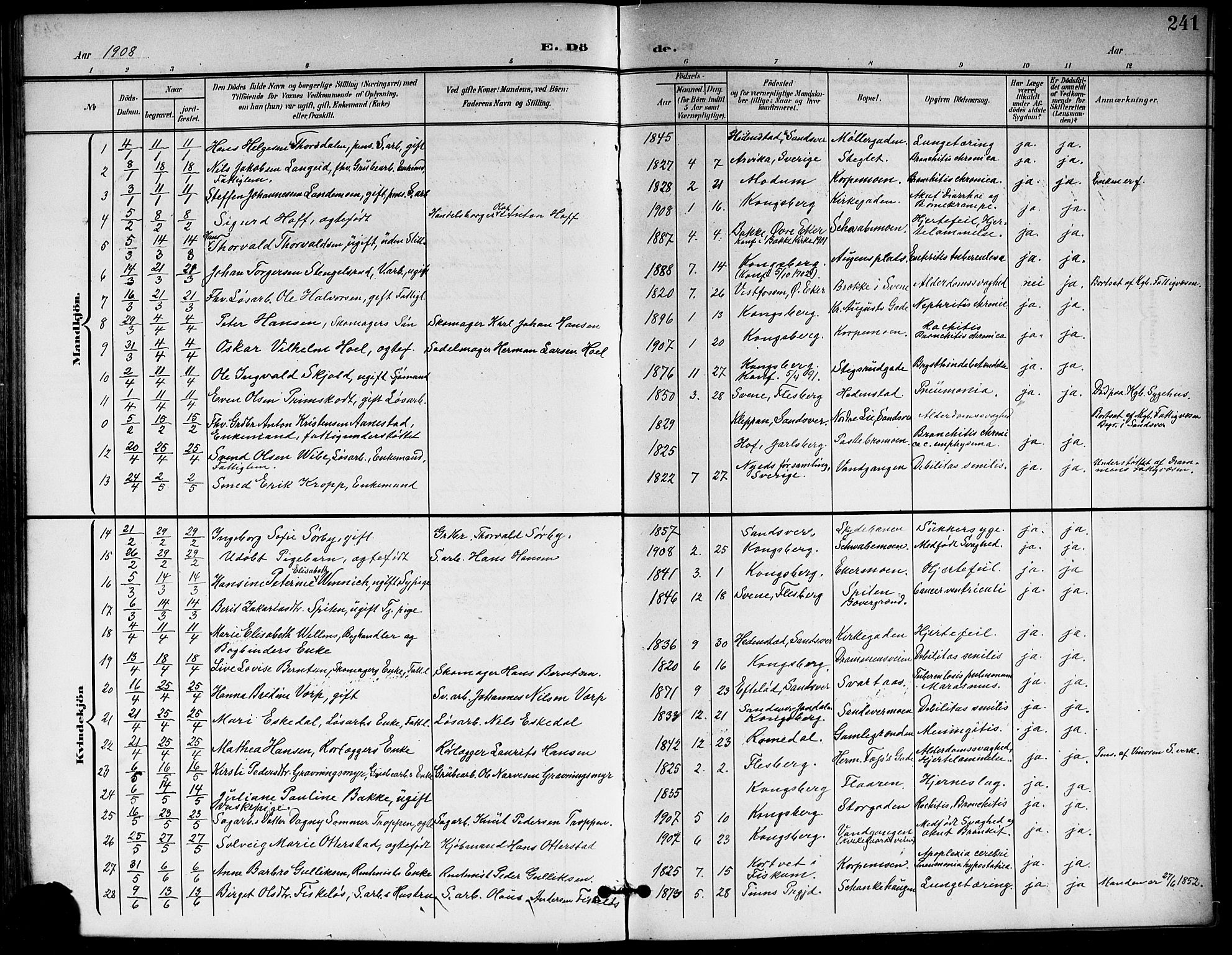 Kongsberg kirkebøker, AV/SAKO-A-22/G/Ga/L0007: Parish register (copy) no. 7, 1901-1915, p. 241