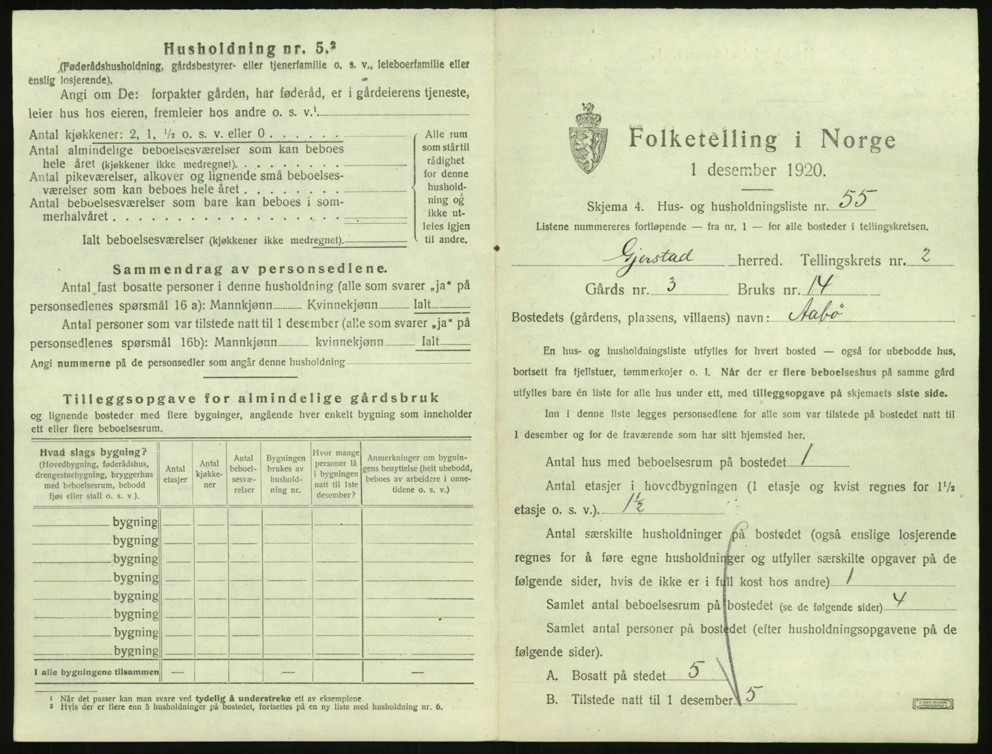 SAK, 1920 census for Gjerstad, 1920, p. 213