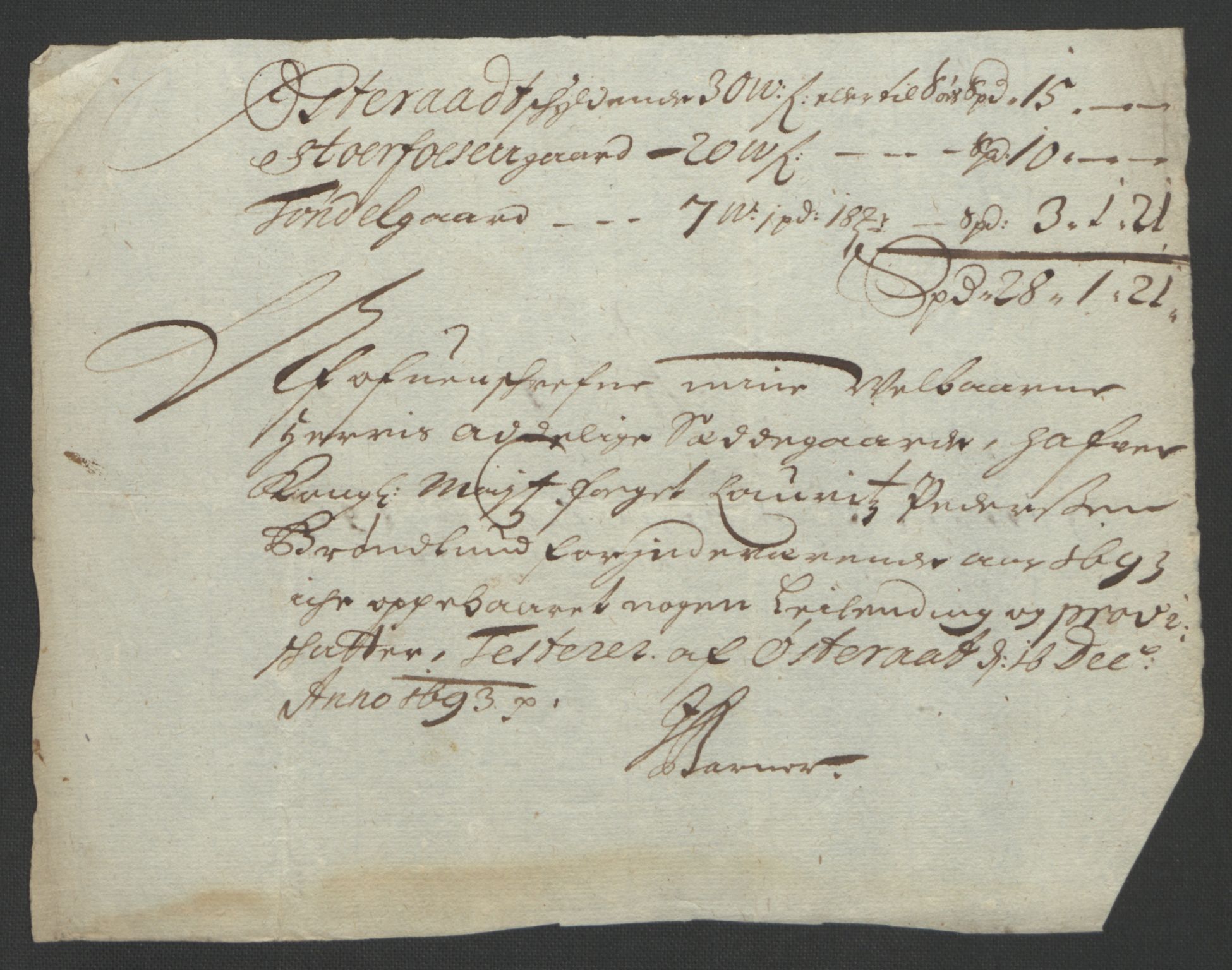 Rentekammeret inntil 1814, Reviderte regnskaper, Fogderegnskap, RA/EA-4092/R57/L3849: Fogderegnskap Fosen, 1692-1693, p. 563
