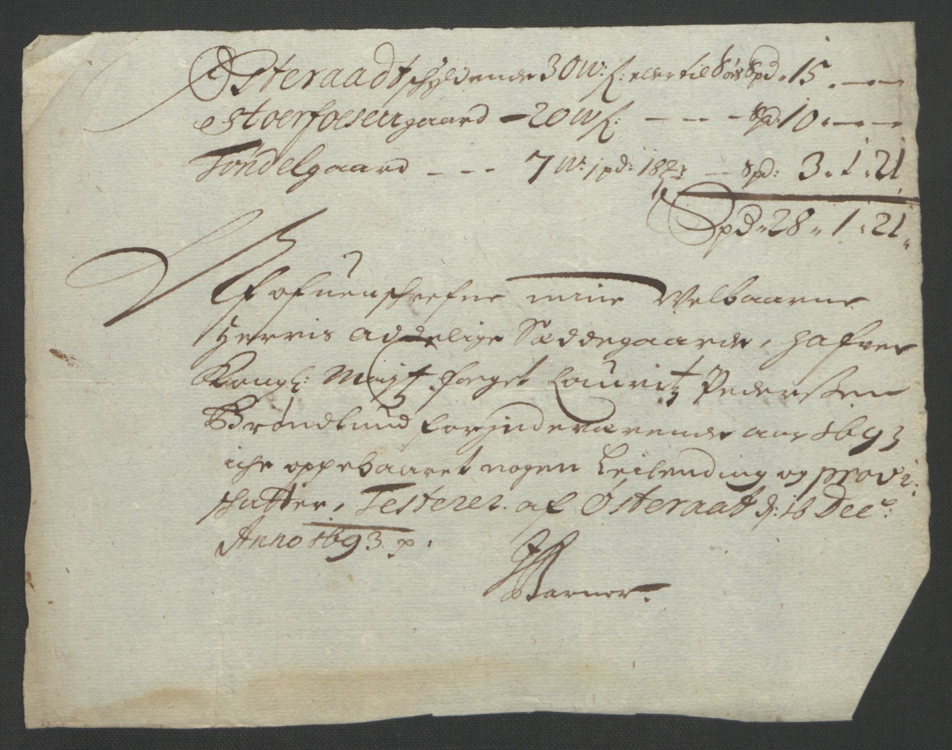 Rentekammeret inntil 1814, Reviderte regnskaper, Fogderegnskap, AV/RA-EA-4092/R57/L3849: Fogderegnskap Fosen, 1692-1693, p. 563