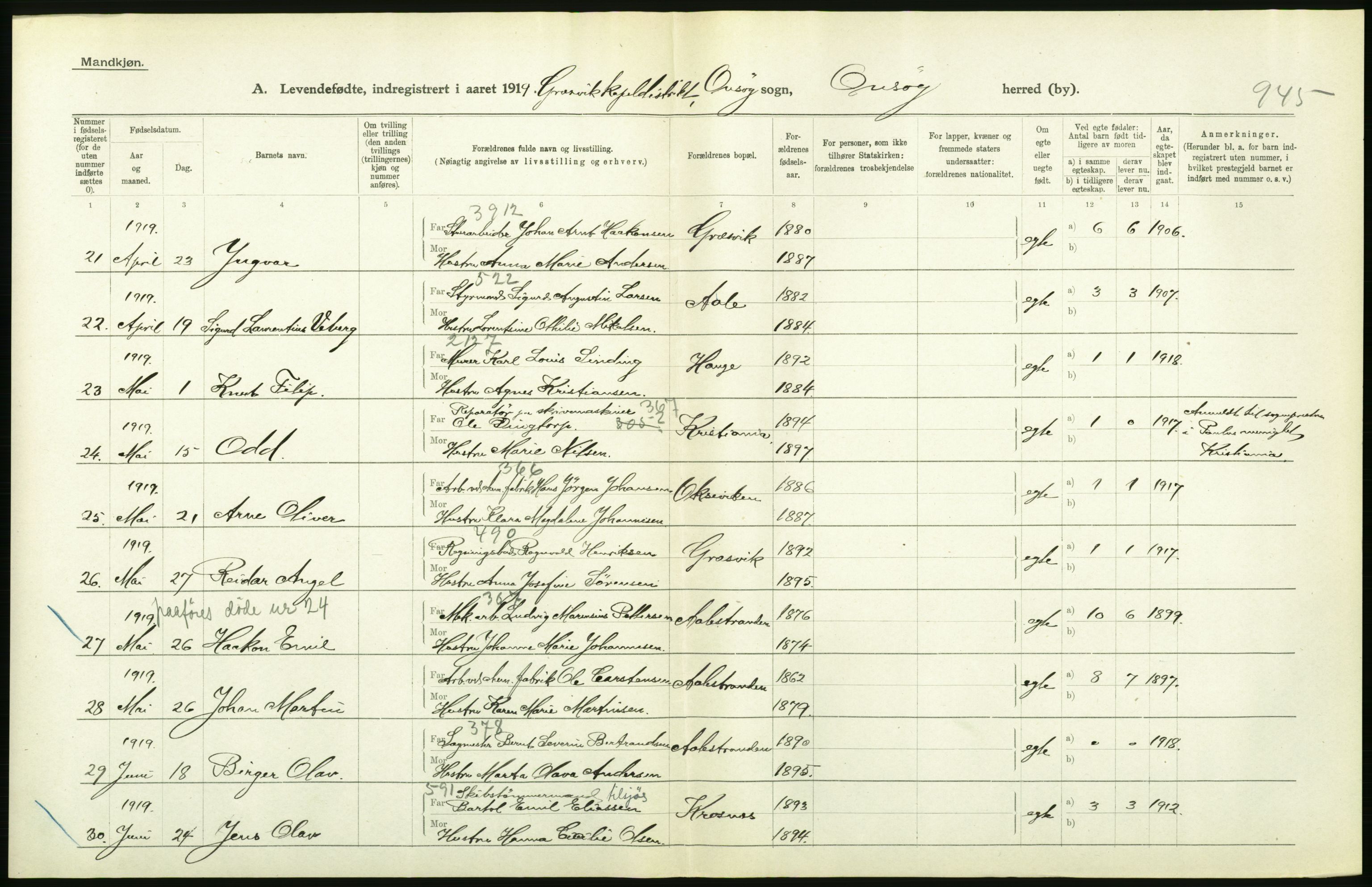 Statistisk sentralbyrå, Sosiodemografiske emner, Befolkning, RA/S-2228/D/Df/Dfb/Dfbi/L0001: Østfold fylke: Levendefødte menn og kvinner. Bygder., 1919, p. 354