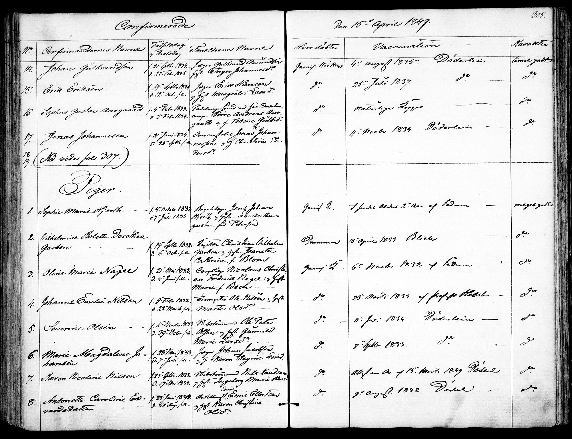 Garnisonsmenigheten Kirkebøker, AV/SAO-A-10846/F/Fa/L0008: Parish register (official) no. 8, 1842-1859, p. 305