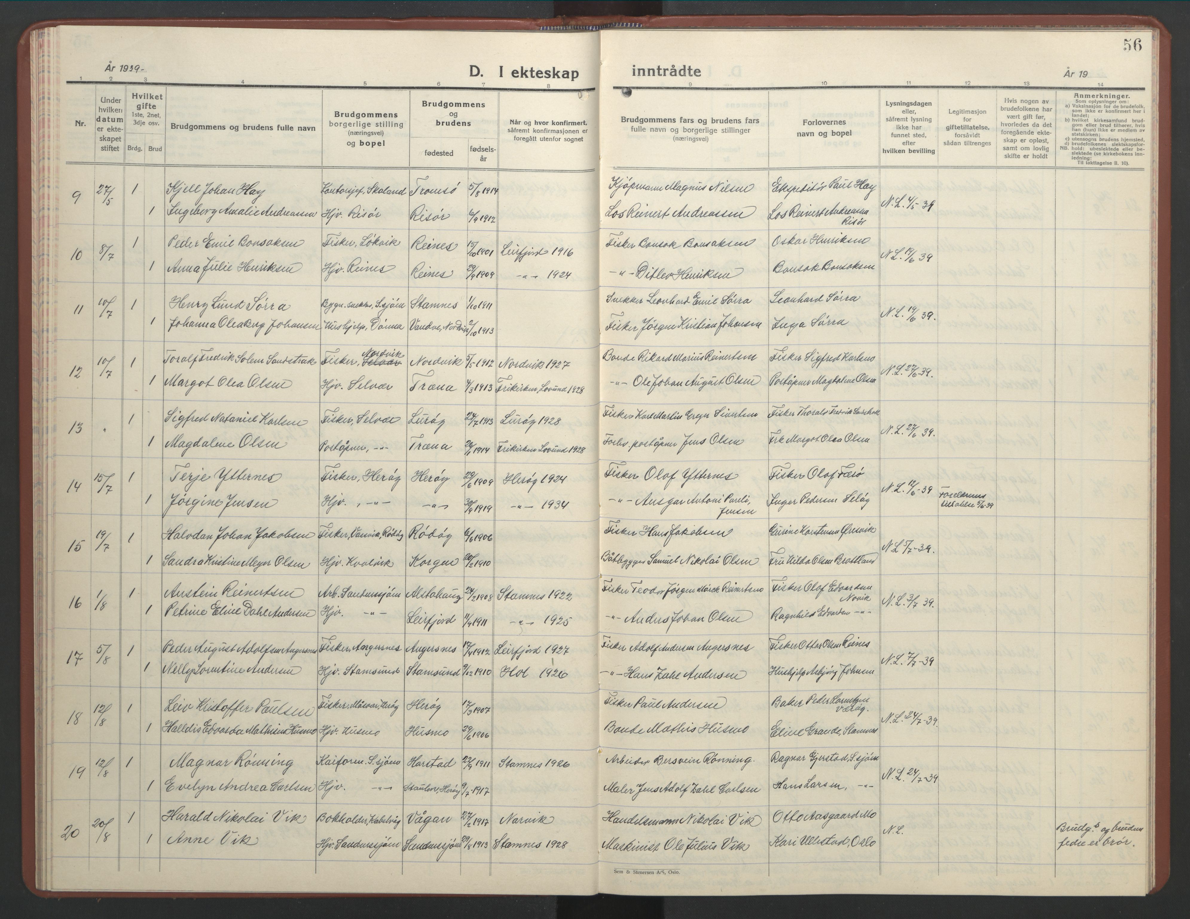 Ministerialprotokoller, klokkerbøker og fødselsregistre - Nordland, AV/SAT-A-1459/831/L0481: Parish register (copy) no. 831C08, 1935-1948, p. 56