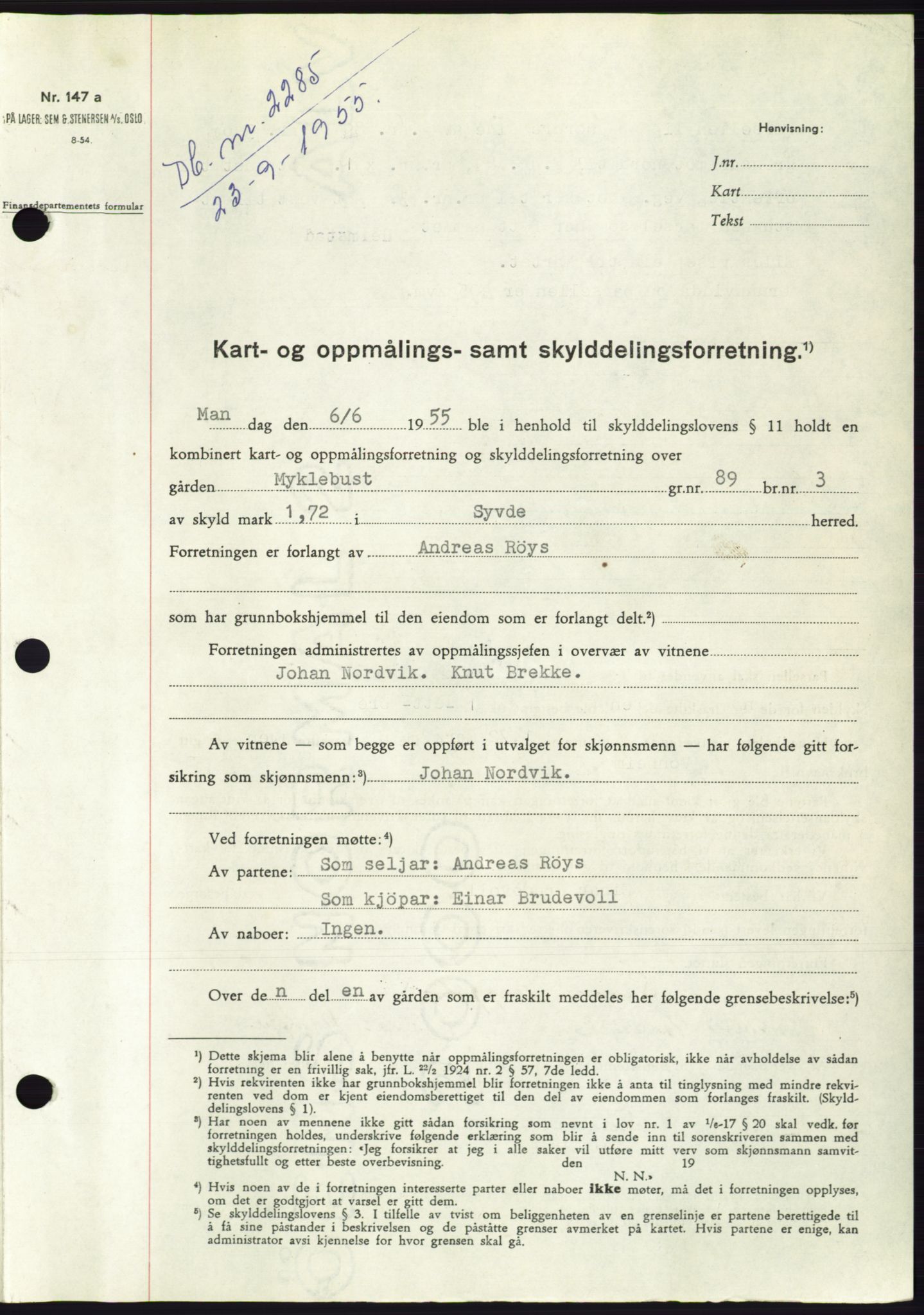 Søre Sunnmøre sorenskriveri, AV/SAT-A-4122/1/2/2C/L0101: Mortgage book no. 27A, 1955-1955, Diary no: : 2285/1955