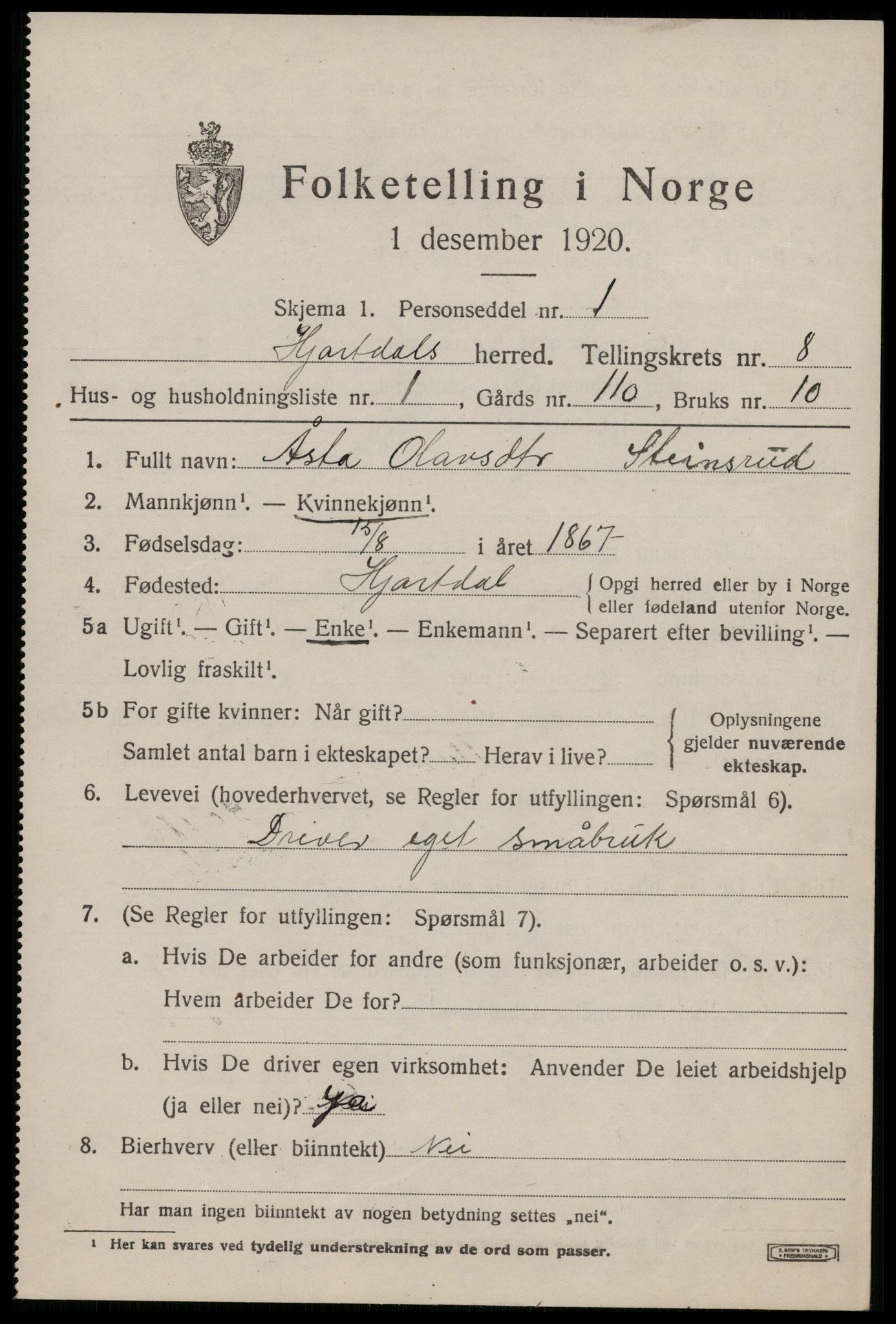 SAKO, 1920 census for Hjartdal, 1920, p. 5074