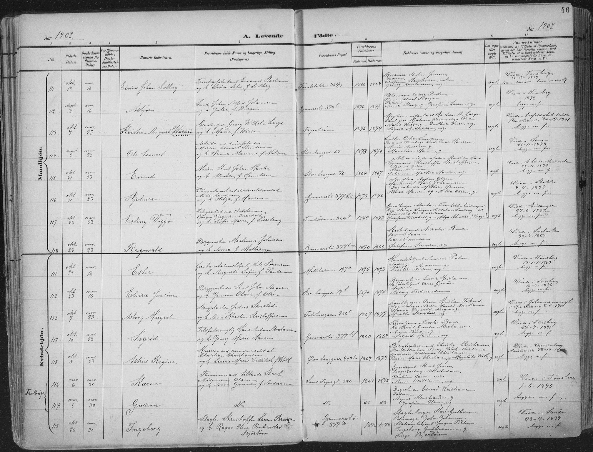 Tønsberg kirkebøker, SAKO/A-330/F/Fa/L0014: Parish register (official) no. I 14, 1900-1913, p. 46