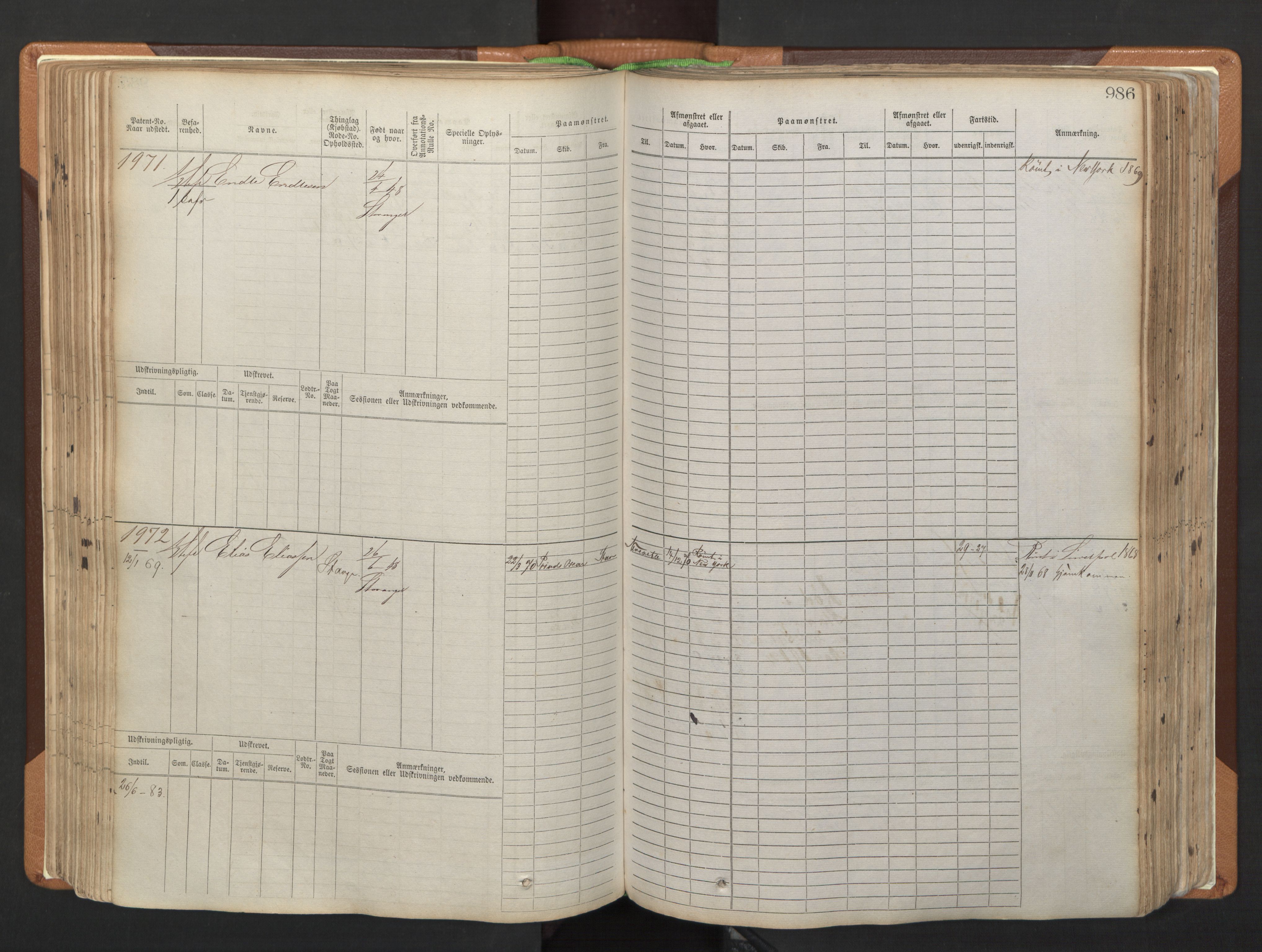 Stavanger sjømannskontor, AV/SAST-A-102006/F/Fb/Fbb/L0006: Sjøfartshovedrulle, patentnr. 1607-2402 (del 3), 1869-1880, p. 186