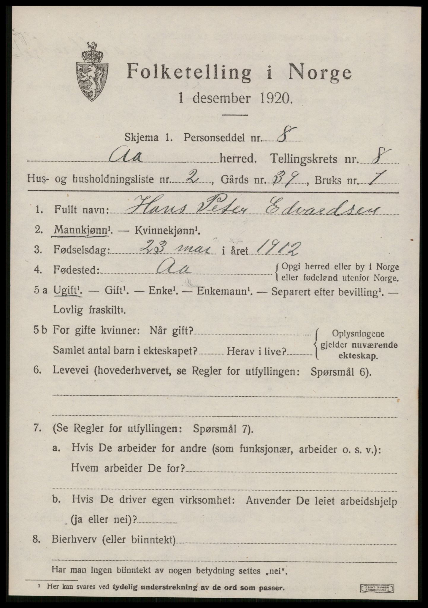 SAT, 1920 census for Å, 1920, p. 3386