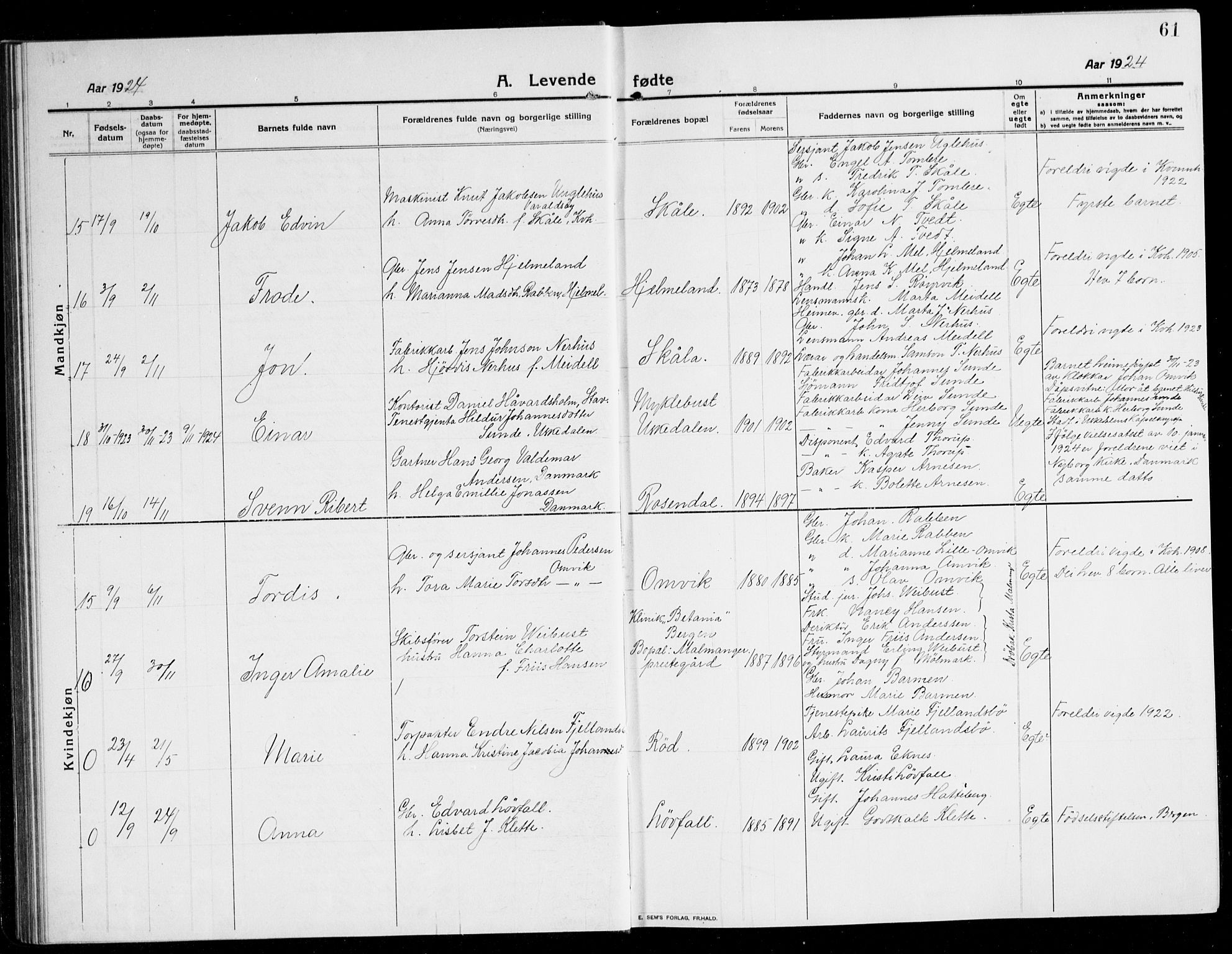 Kvinnherad sokneprestembete, AV/SAB-A-76401/H/Hab: Parish register (copy) no. A 3, 1911-1945, p. 61