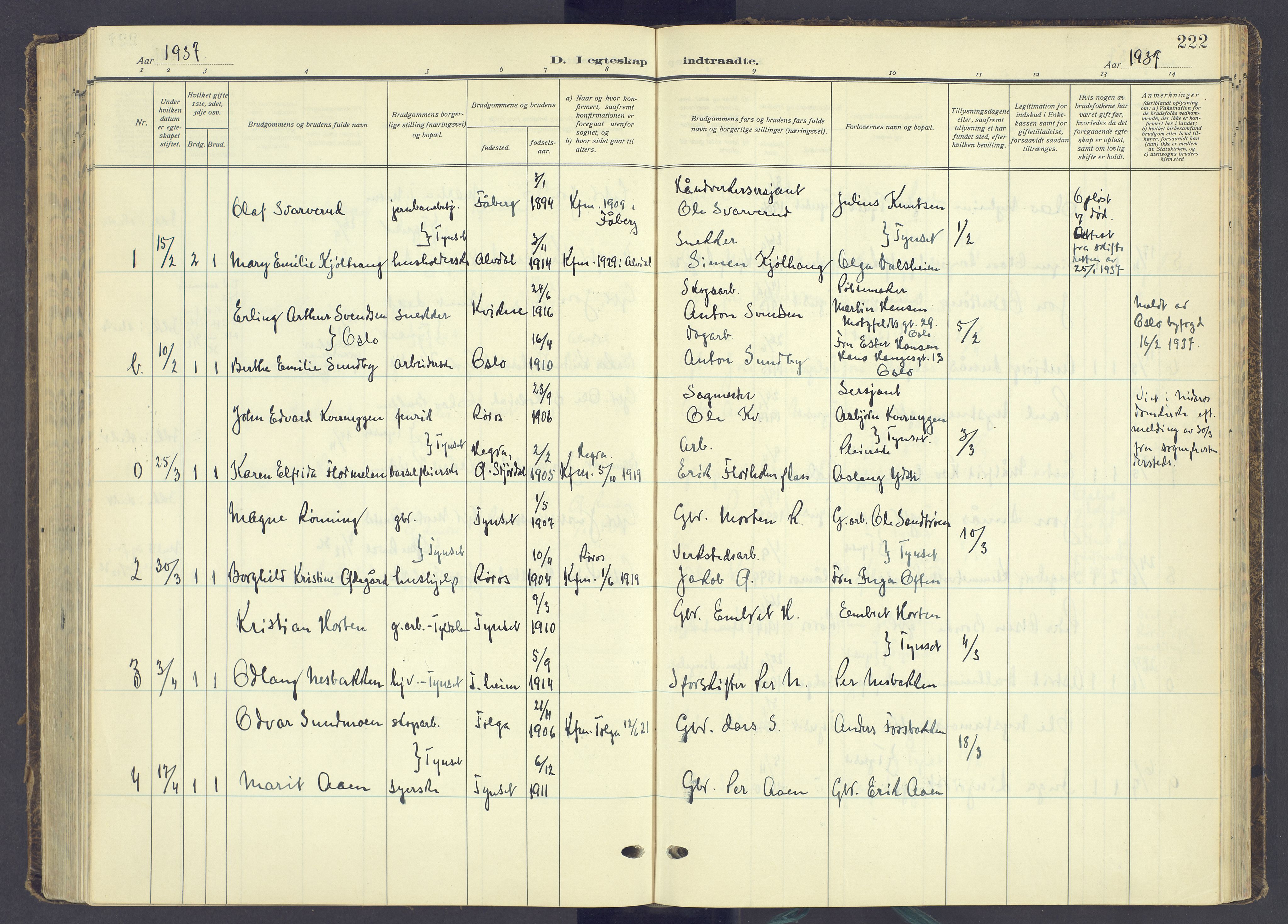 Tynset prestekontor, AV/SAH-PREST-058/H/Ha/Haa/L0027: Parish register (official) no. 27, 1930-1944, p. 222