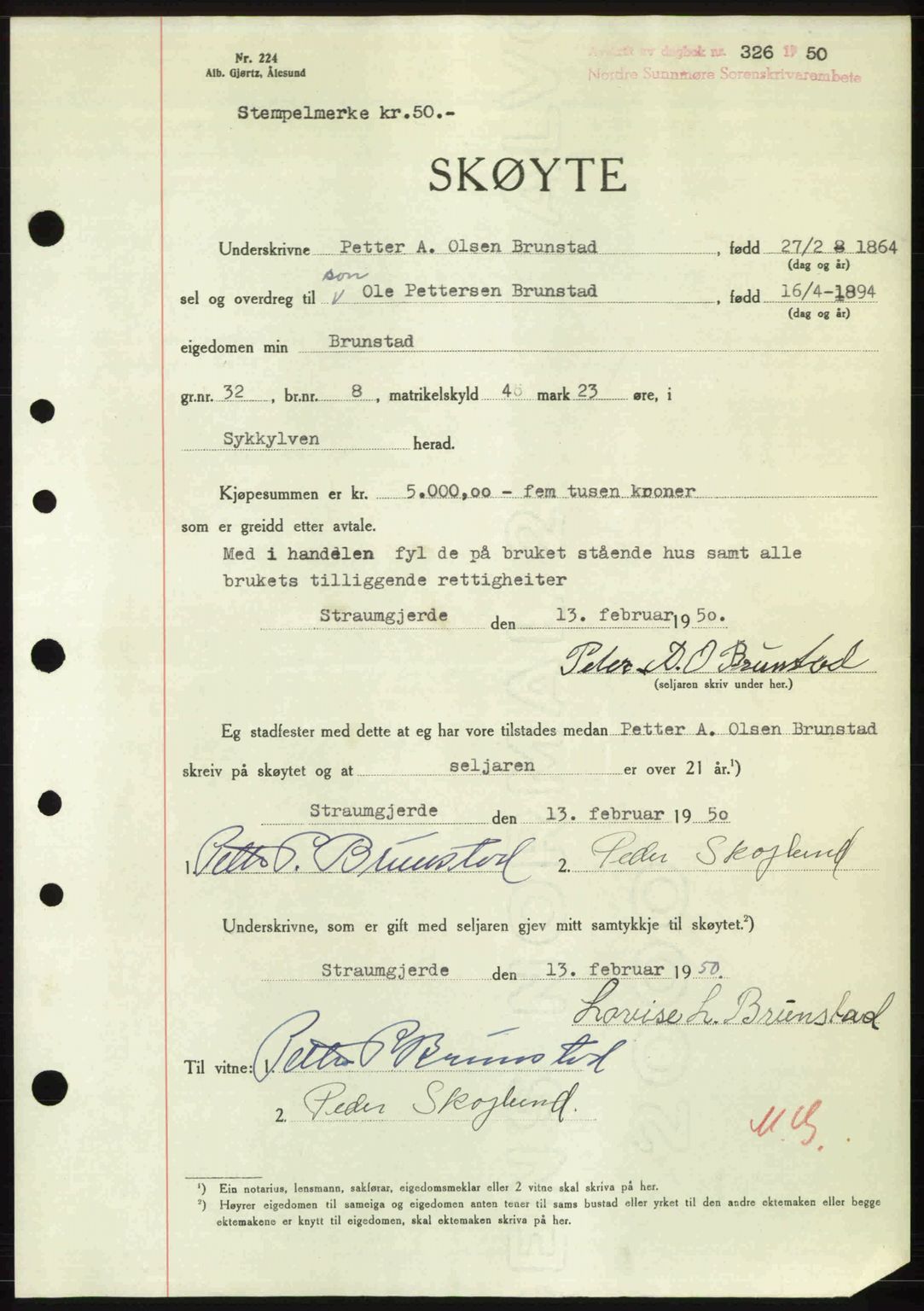 Nordre Sunnmøre sorenskriveri, AV/SAT-A-0006/1/2/2C/2Ca: Mortgage book no. A33, 1949-1950, Diary no: : 326/1950