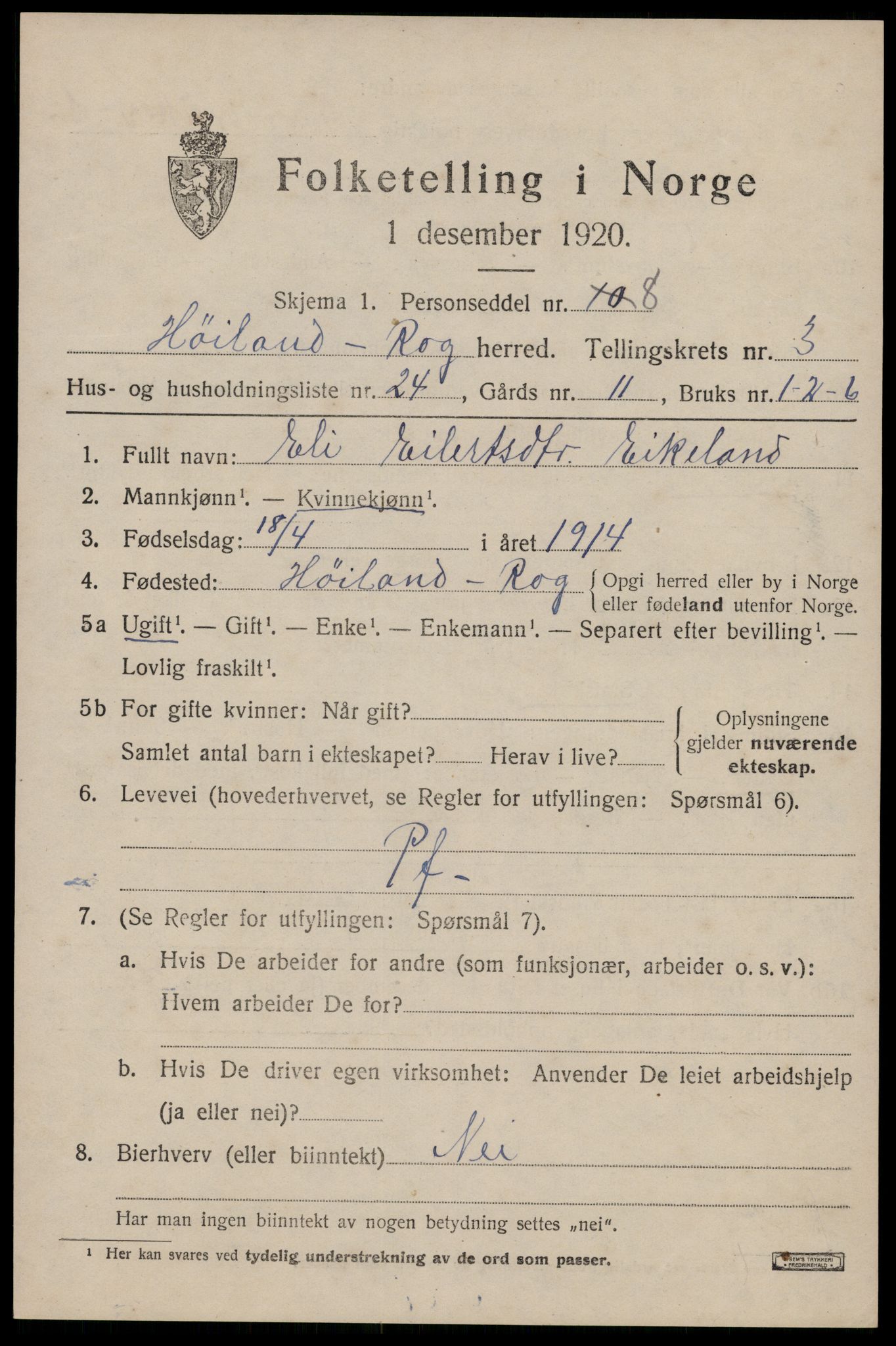 SAST, 1920 census for Høyland, 1920, p. 3256