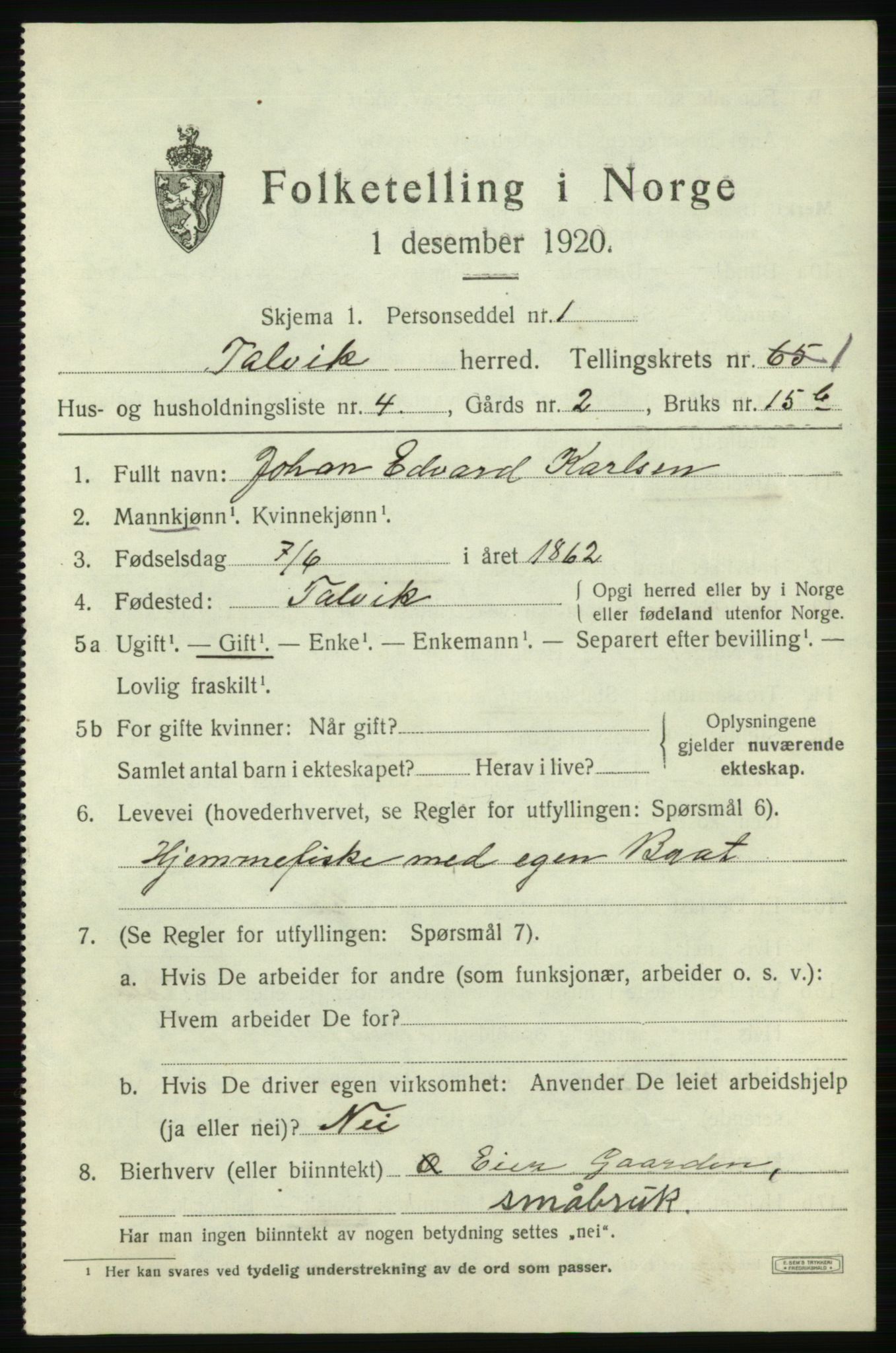 SATØ, 1920 census for Talvik, 1920, p. 1042