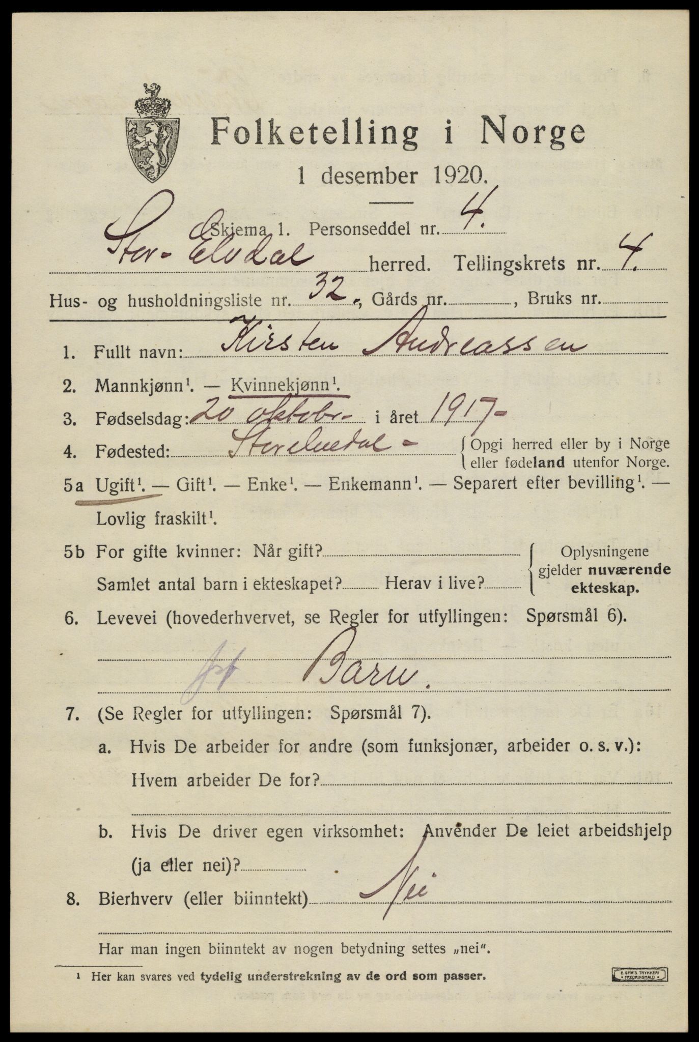 SAH, 1920 census for Stor-Elvdal, 1920, p. 3822