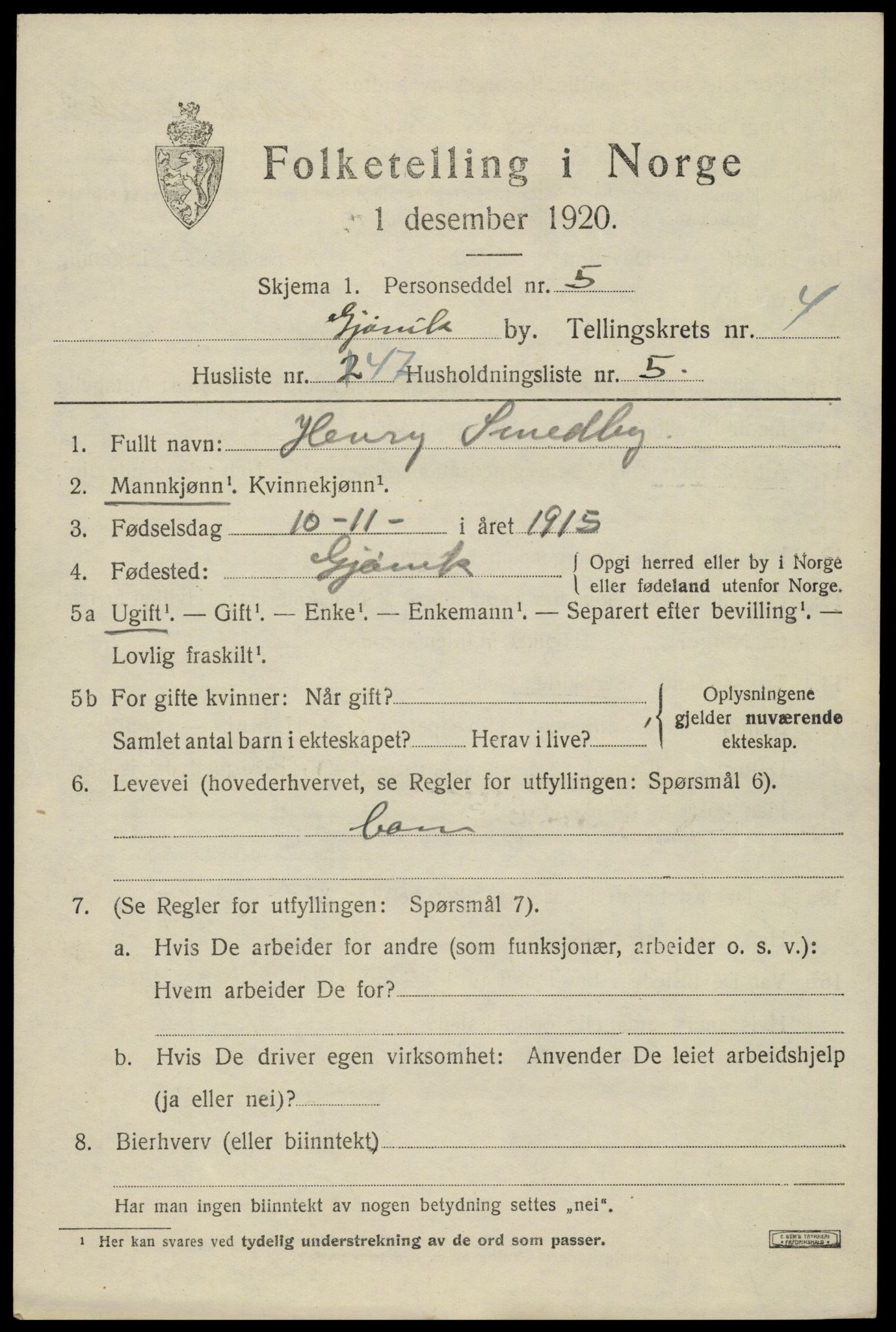 SAH, 1920 census for Gjøvik, 1920, p. 9926