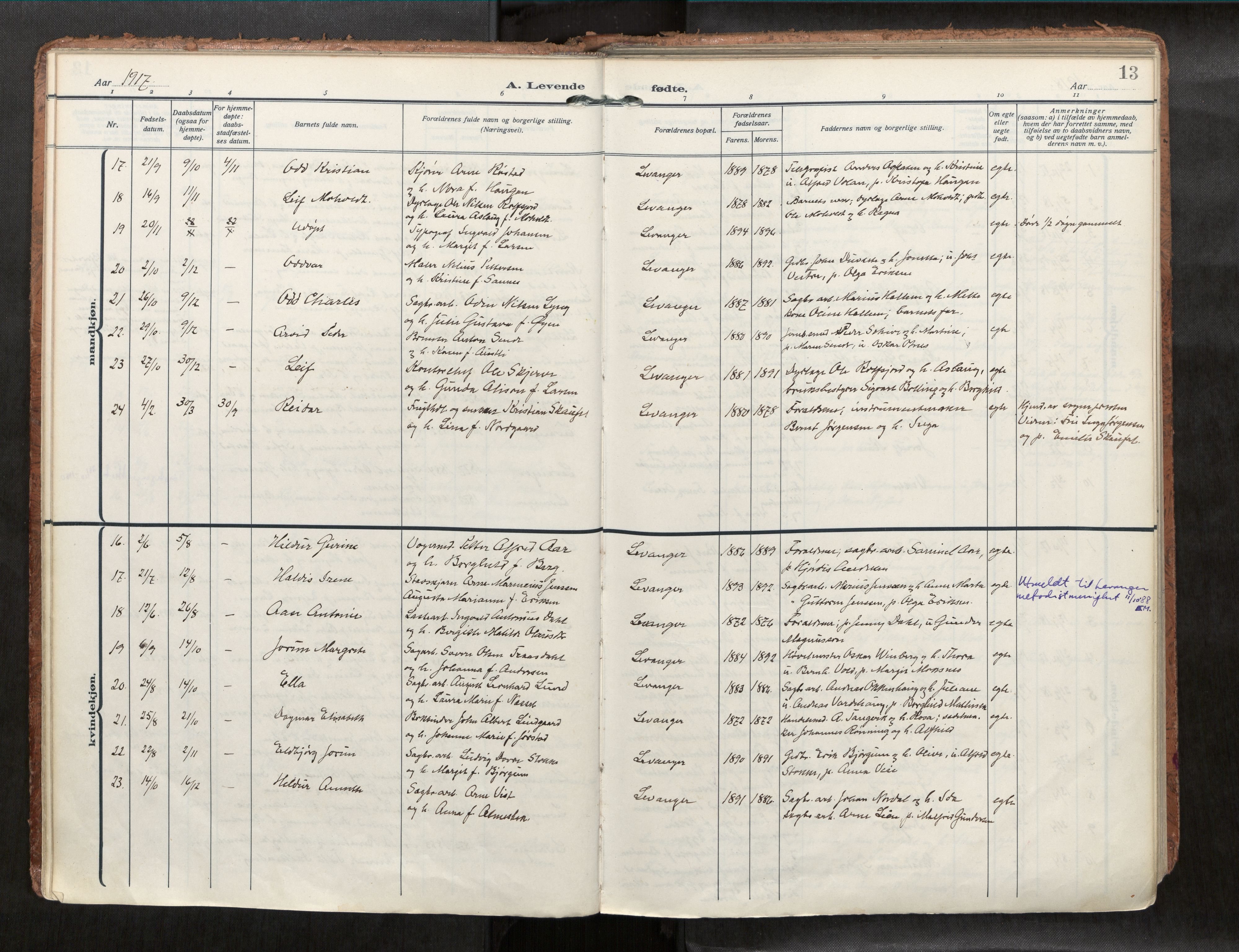 Levanger sokneprestkontor, SAT/A-1301/2/H/Haa/L0001: Parish register (official) no. 1, 1912-1932, p. 13