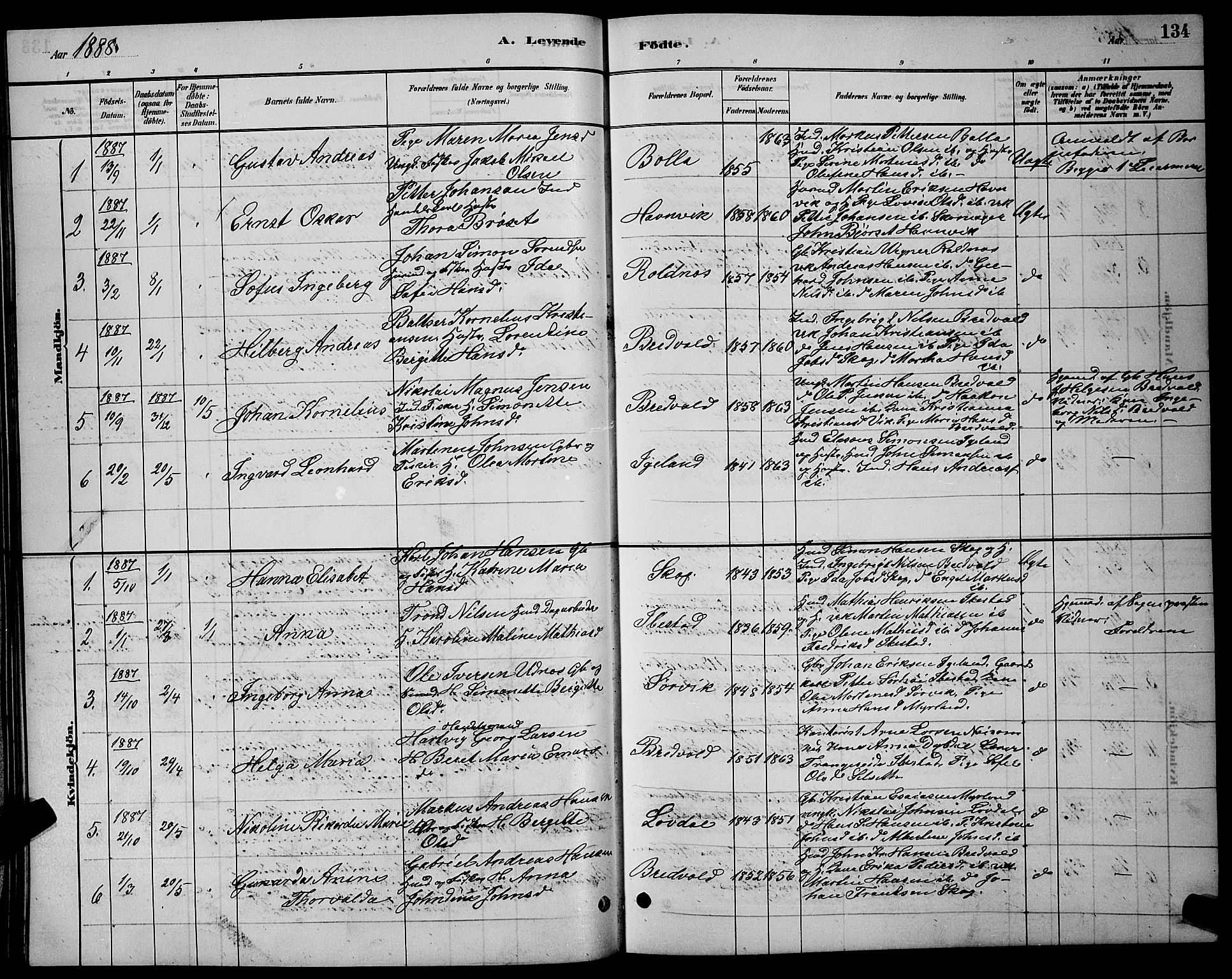 Ibestad sokneprestembete, SATØ/S-0077/H/Ha/Hab/L0007klokker: Parish register (copy) no. 7, 1879-1889, p. 134
