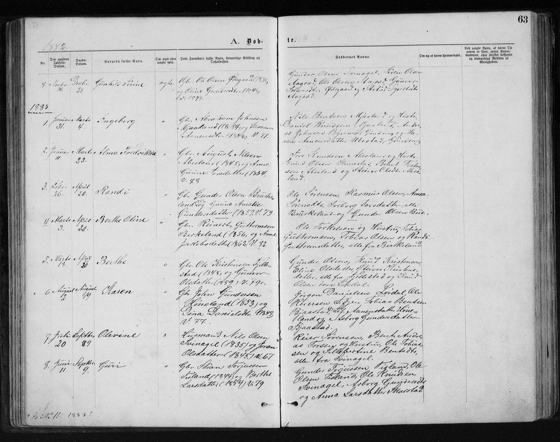 Holum sokneprestkontor, SAK/1111-0022/F/Fb/Fbb/L0003: Parish register (copy) no. B 3, 1875-1898, p. 63