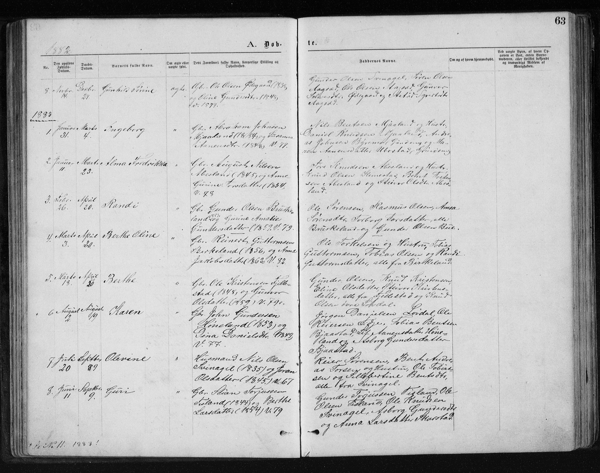 Holum sokneprestkontor, AV/SAK-1111-0022/F/Fb/Fbb/L0003: Parish register (copy) no. B 3, 1875-1898, p. 63