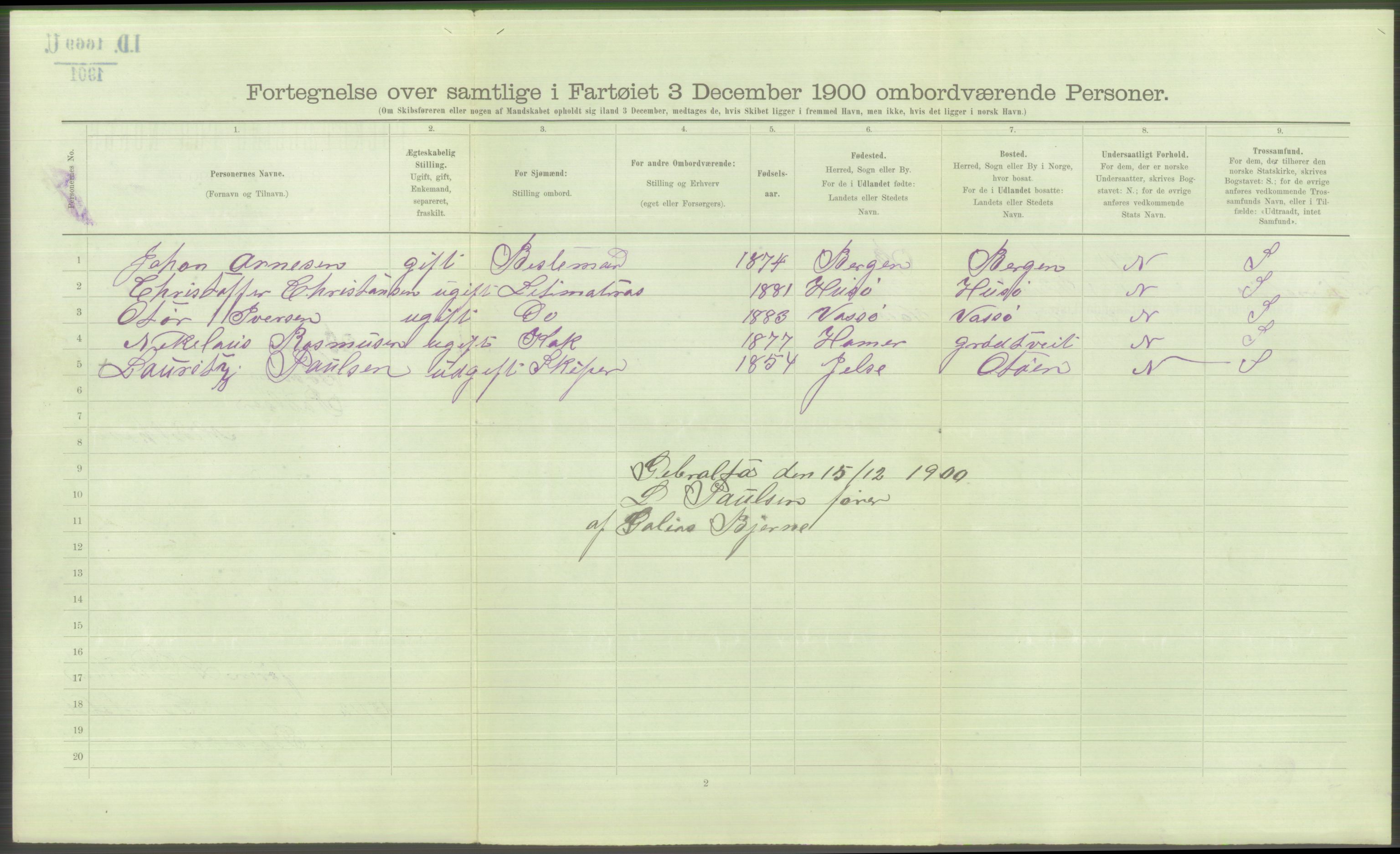 RA, 1900 Census - ship lists from ships in Norwegian harbours, harbours abroad and at sea, 1900, p. 5622