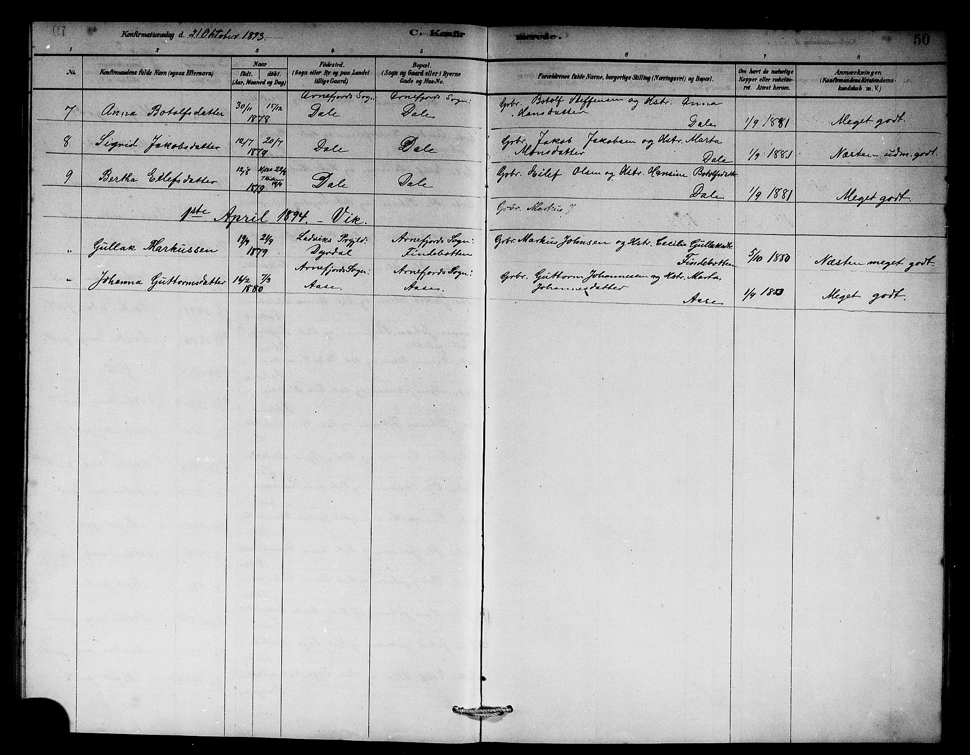 Vik sokneprestembete, AV/SAB-A-81501/H/Hab/Habb/L0002: Parish register (copy) no. B 2, 1878-1893, p. 50